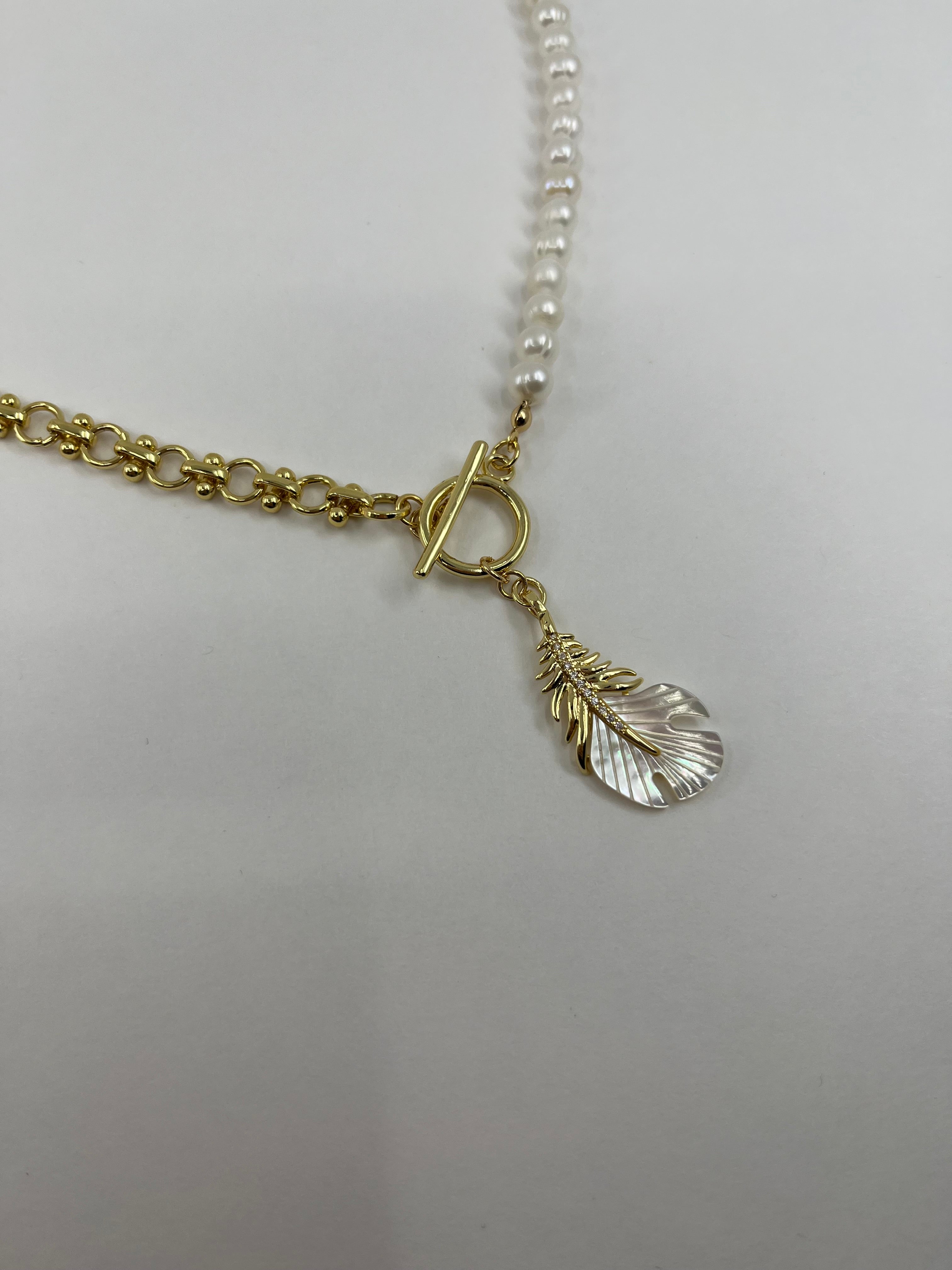 Asymmetrical Pearl Necklace with Feather Pendant, 18K Gold Plated Chain