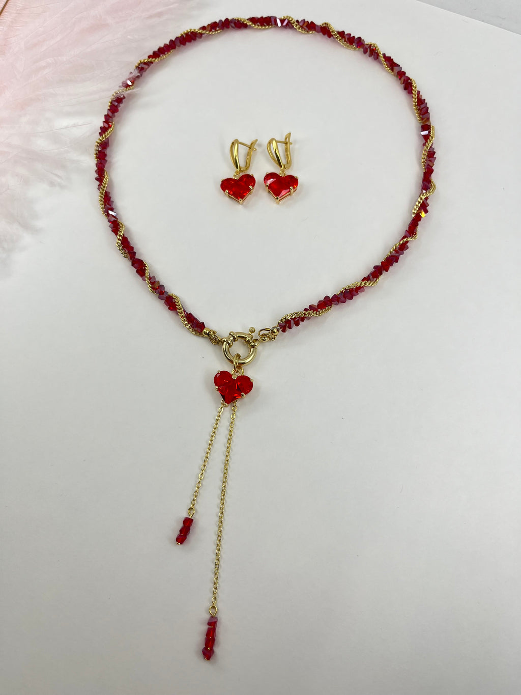 Set: Heart Red Crystal Y-Necklace and Earrings – 18K Gold Plated, Cubic Zirconia