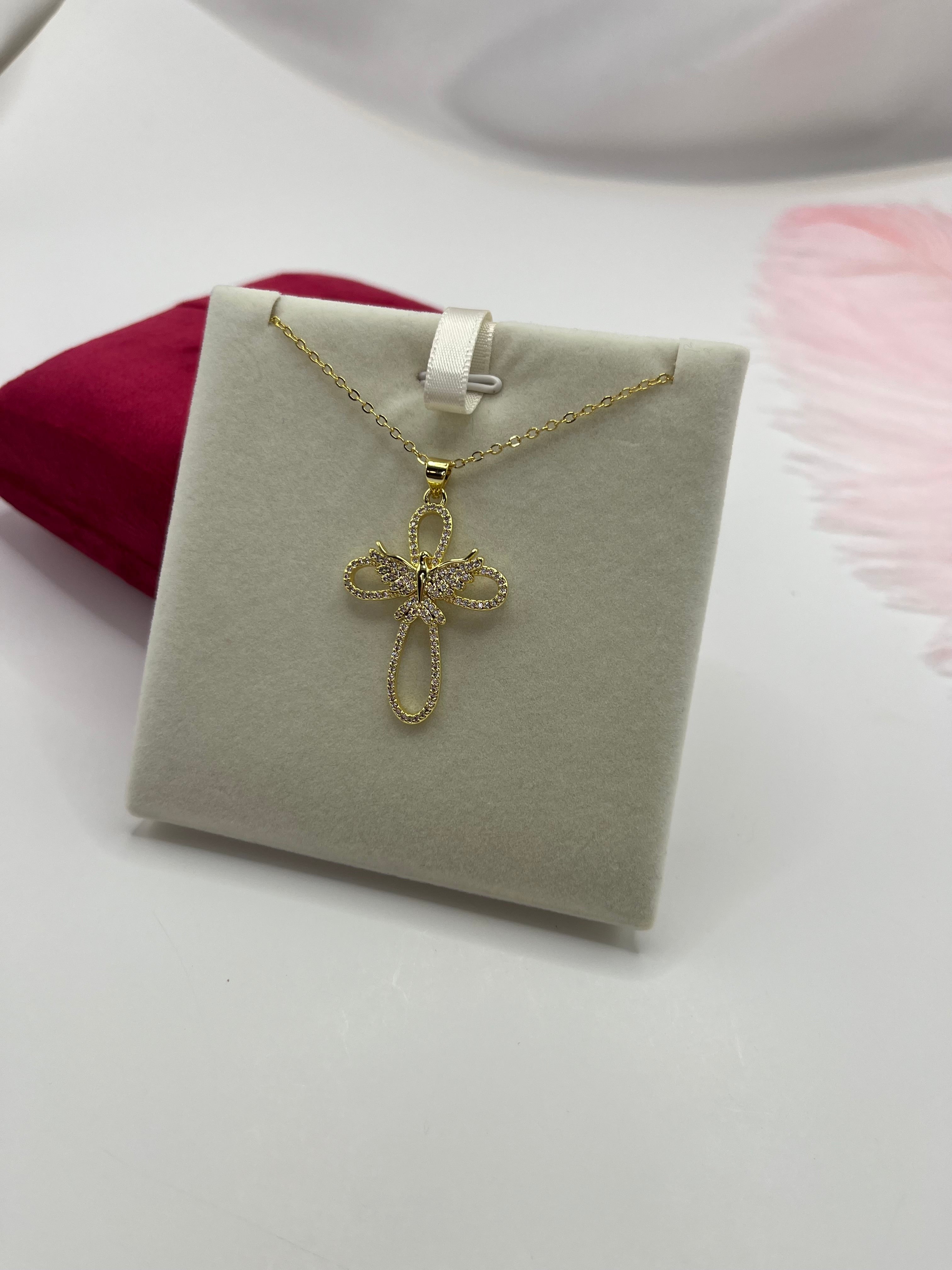 Cross with bird Necklace, Real 18K Gold Plated