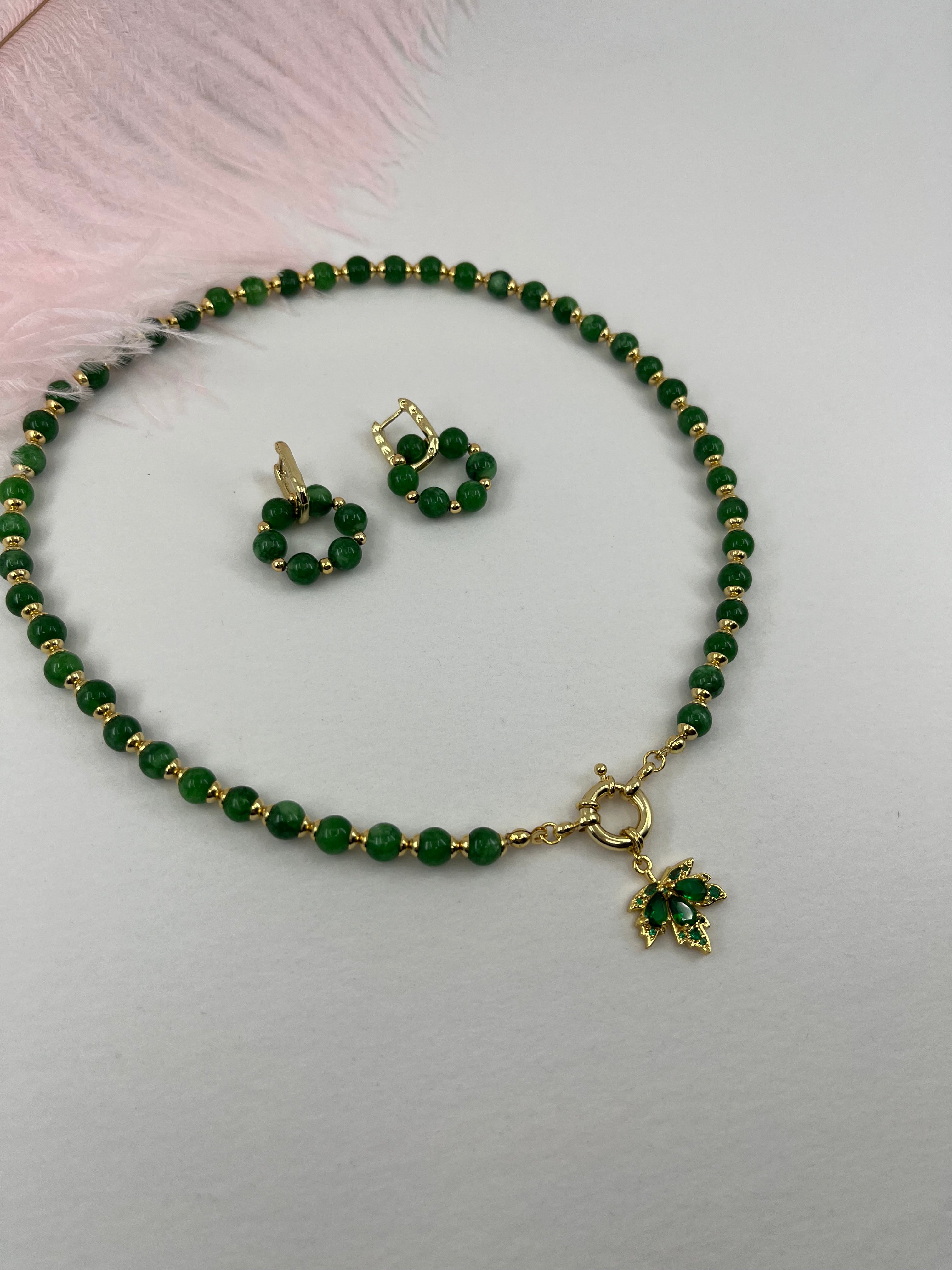 Natural Malaysia Jade Necklace with 18K Gold maple leaf pendant