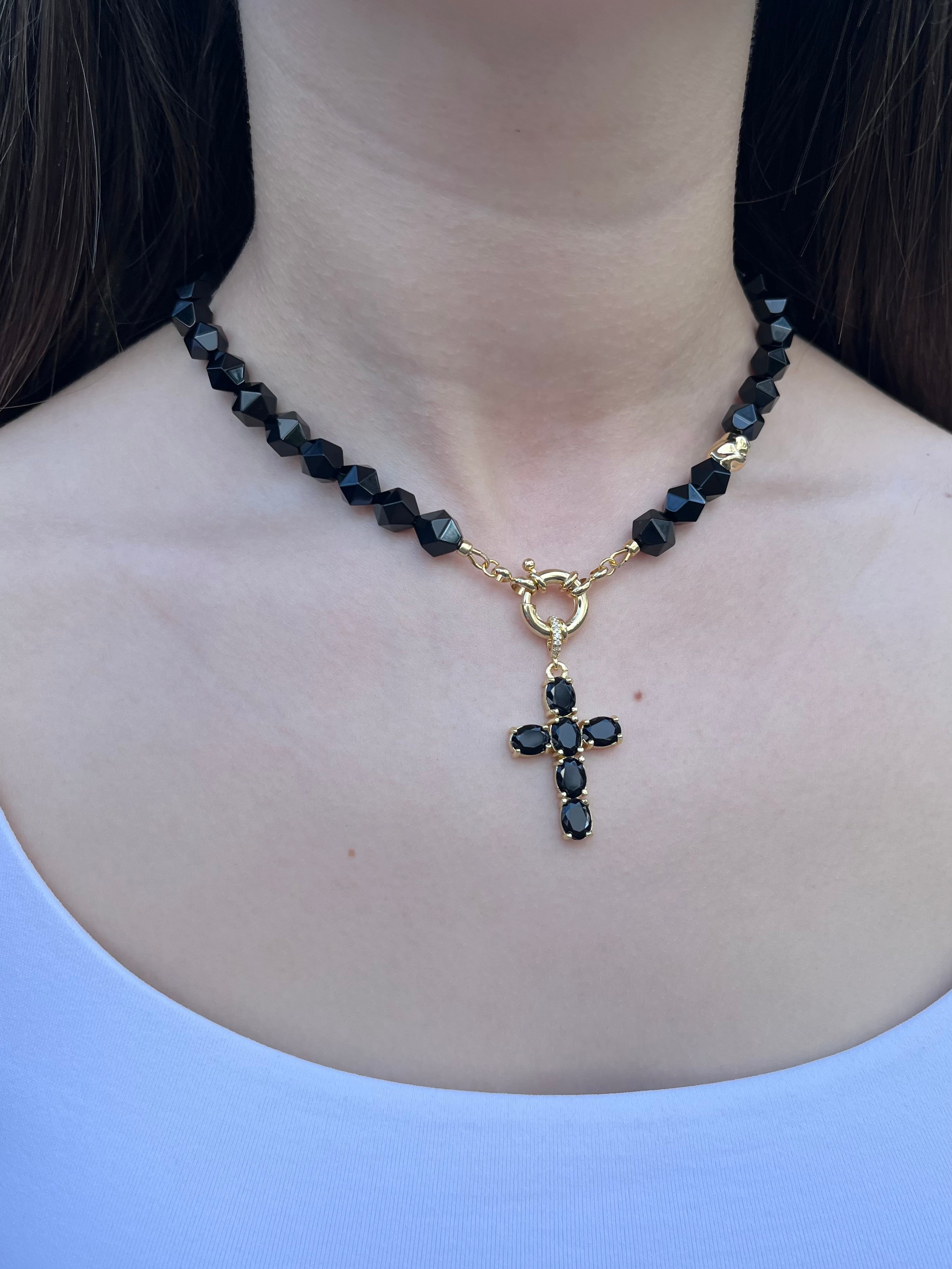 Natural Black Onyx Necklace with Gold Zirconia Cross