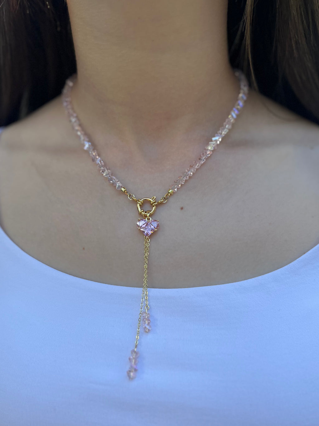 Set: Heart Pink Crystal Y-Necklace and Earrings – 18K Gold Plated, Cubic Zirconia