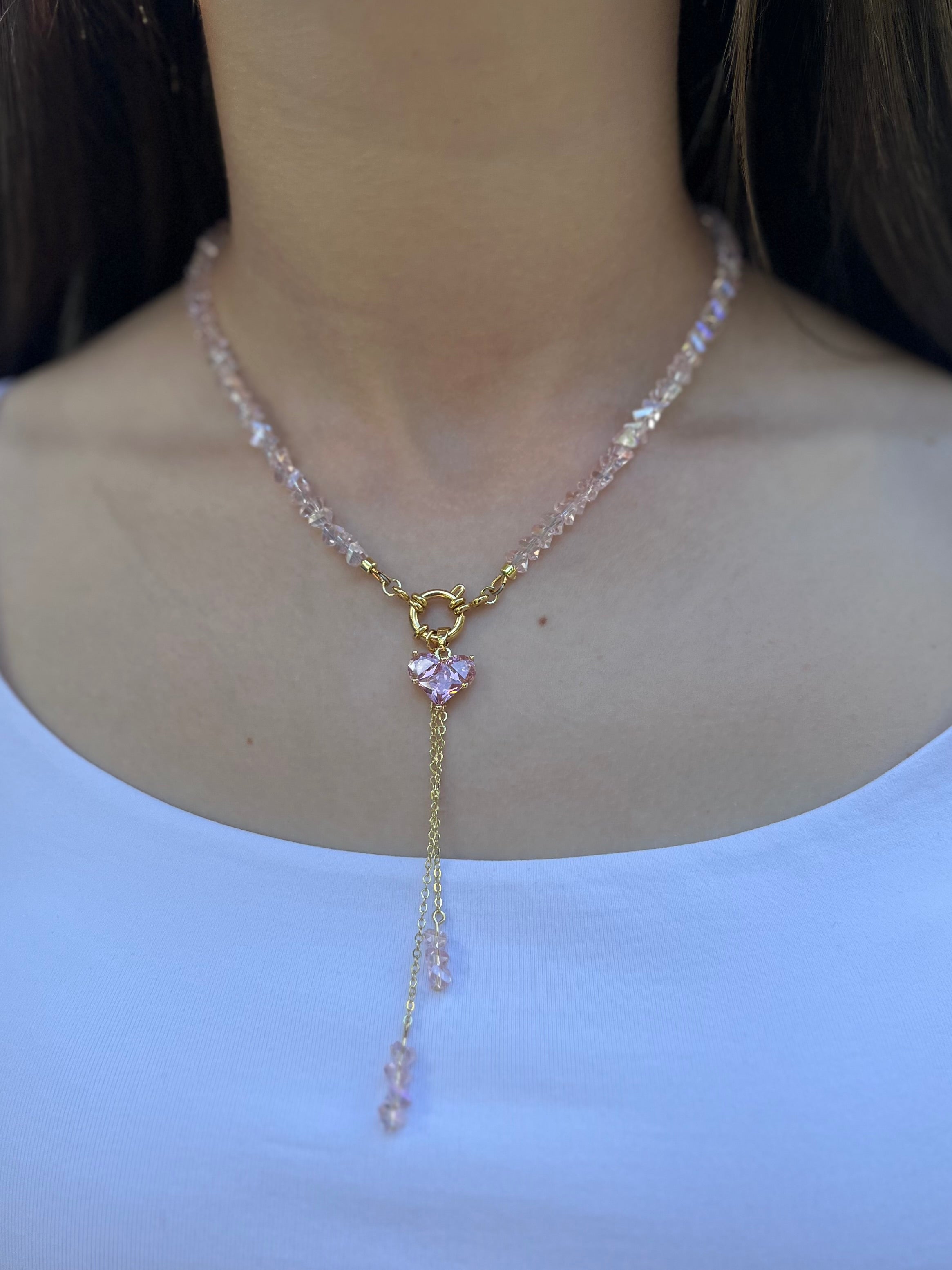 Set: Heart Pink Crystal Y-Necklace and Earrings – 18K Gold Plated, Cubic Zirconia