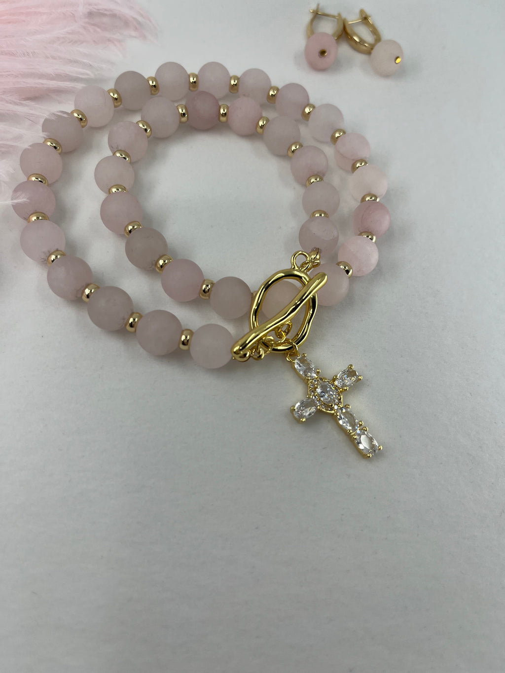 Set: Rose Quartz Cross Necklace and Earrings, 18k gold plated