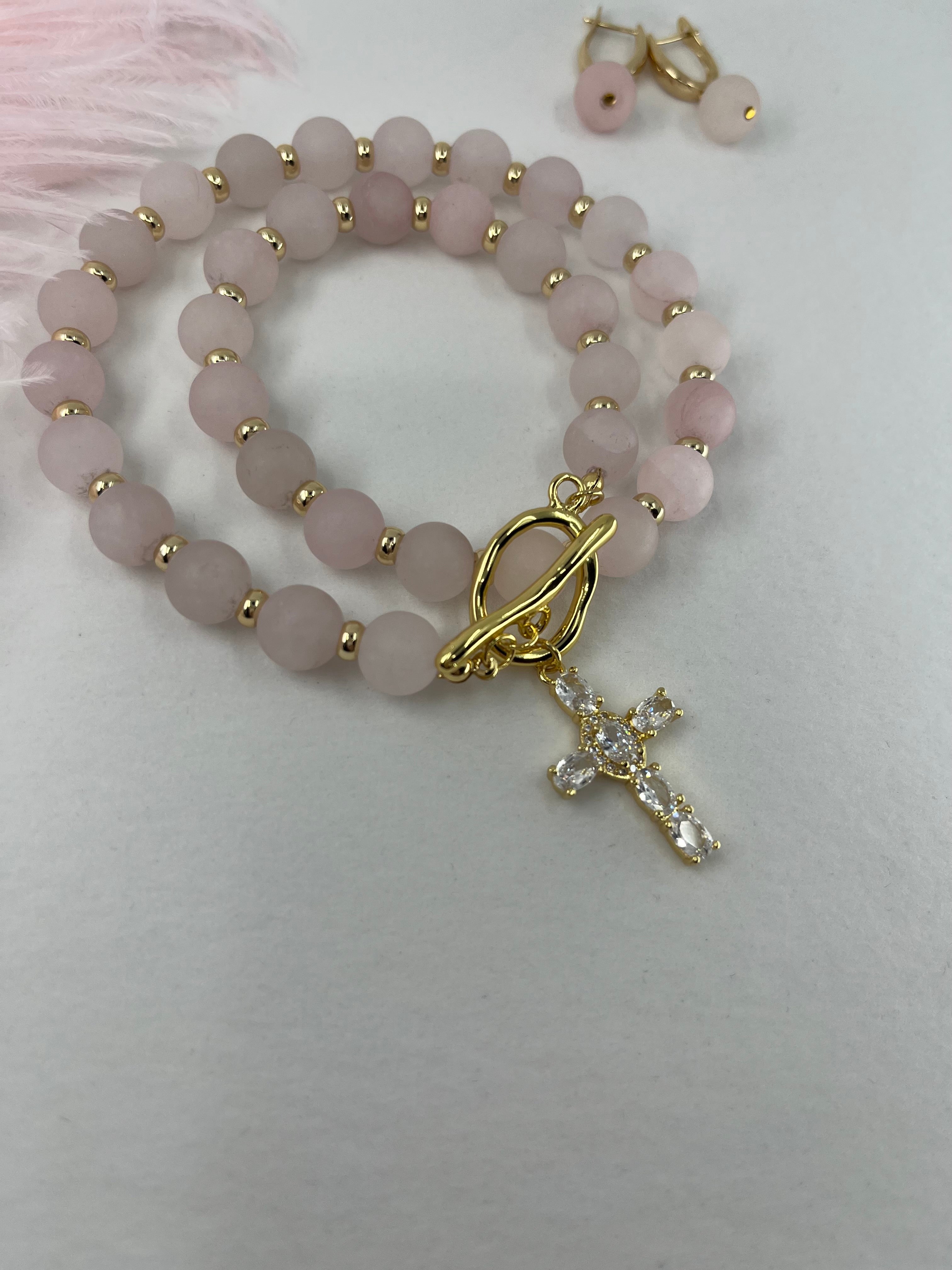 Set: Rose Quartz Cross Necklace and Earrings, 18k gold plated