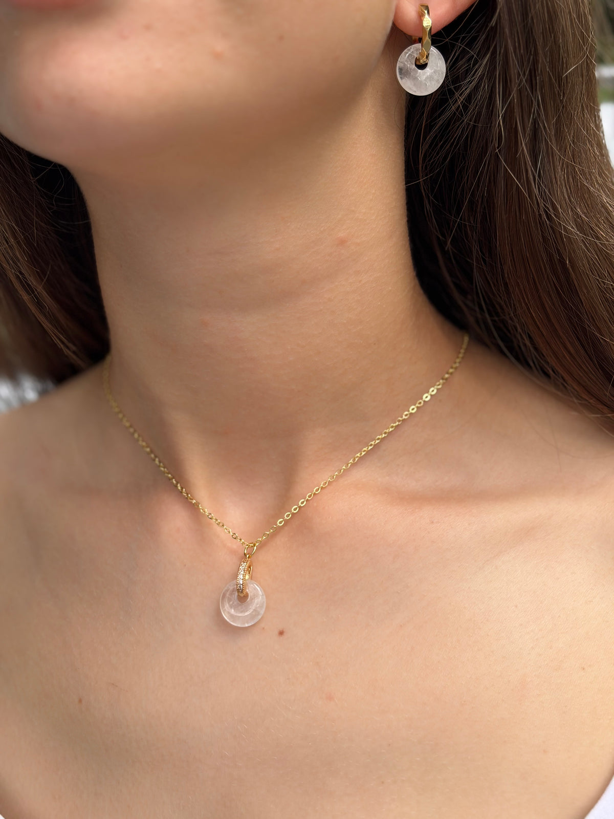 Clear Quartz Donut Earrings and Necklace,18K Gold Plated