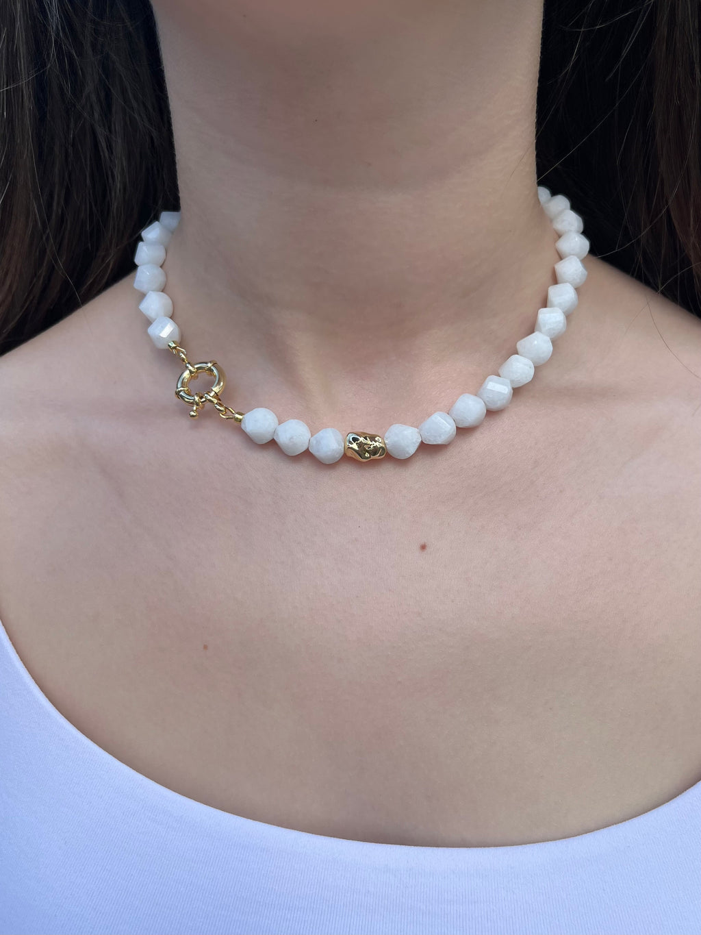 Natural White Jade Necklace with Gold Accent