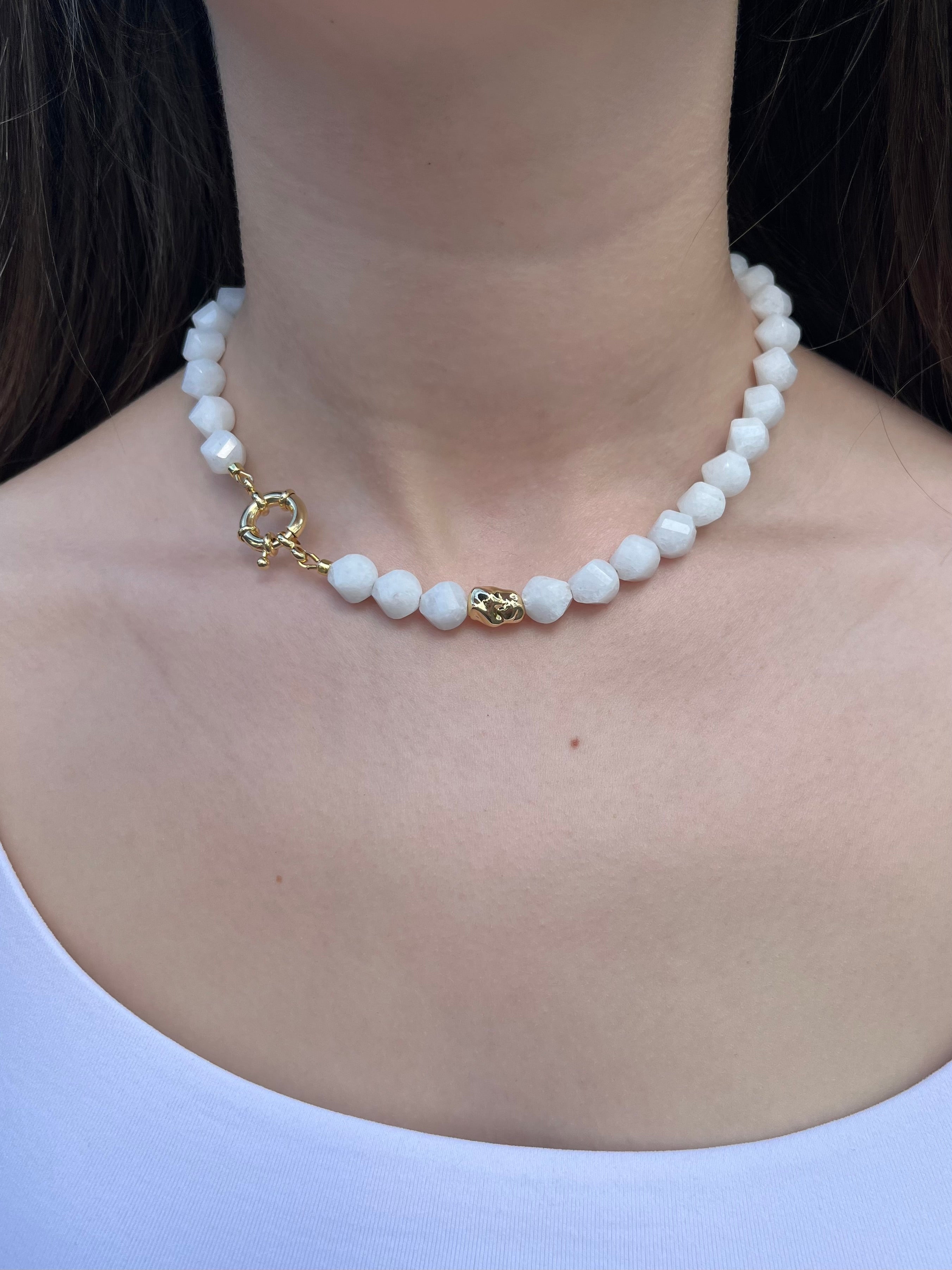 Natural White Jade Necklace with Gold Accent