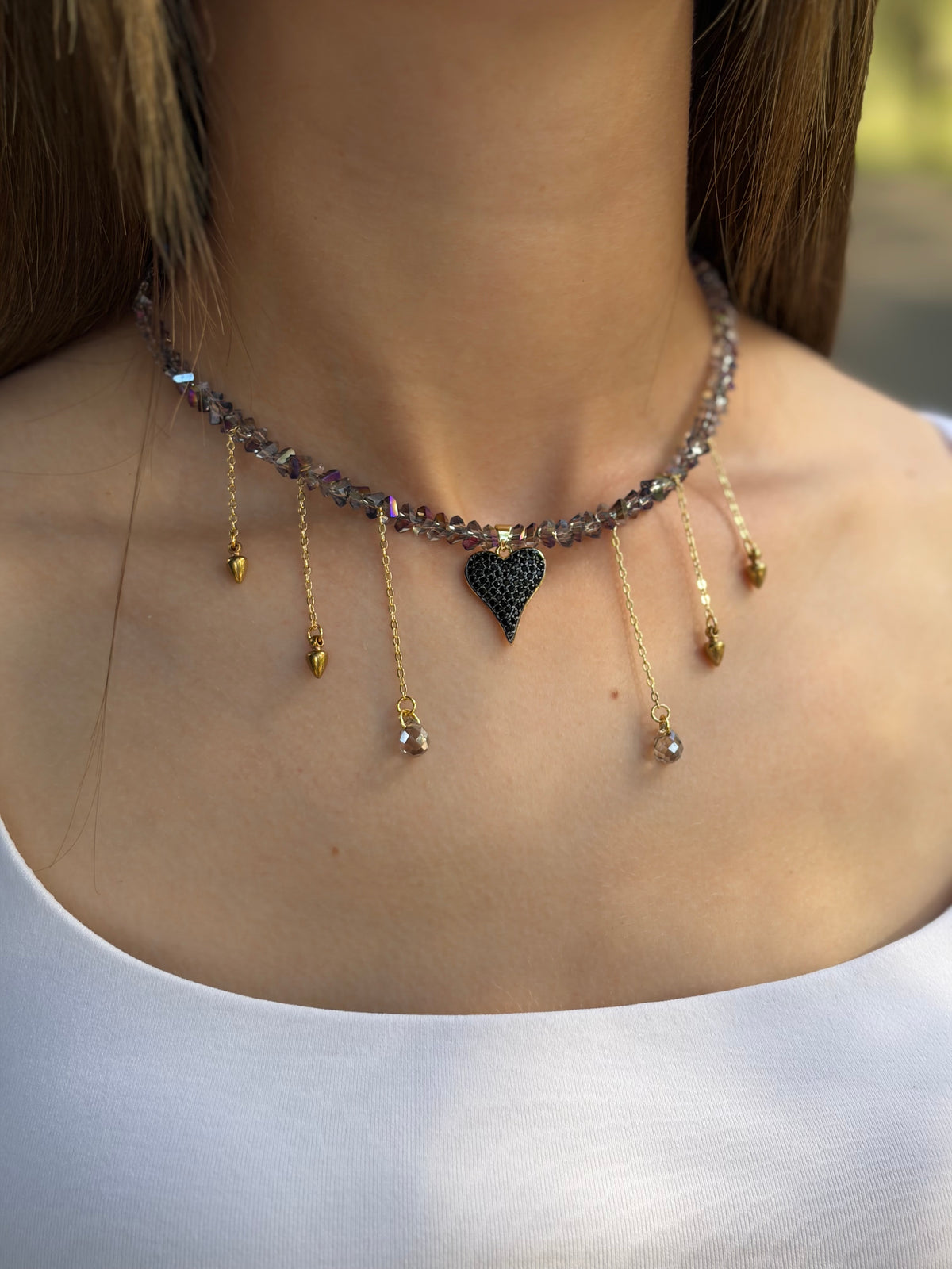 Black Crystal Heart Necklace, 18K Gold Plated