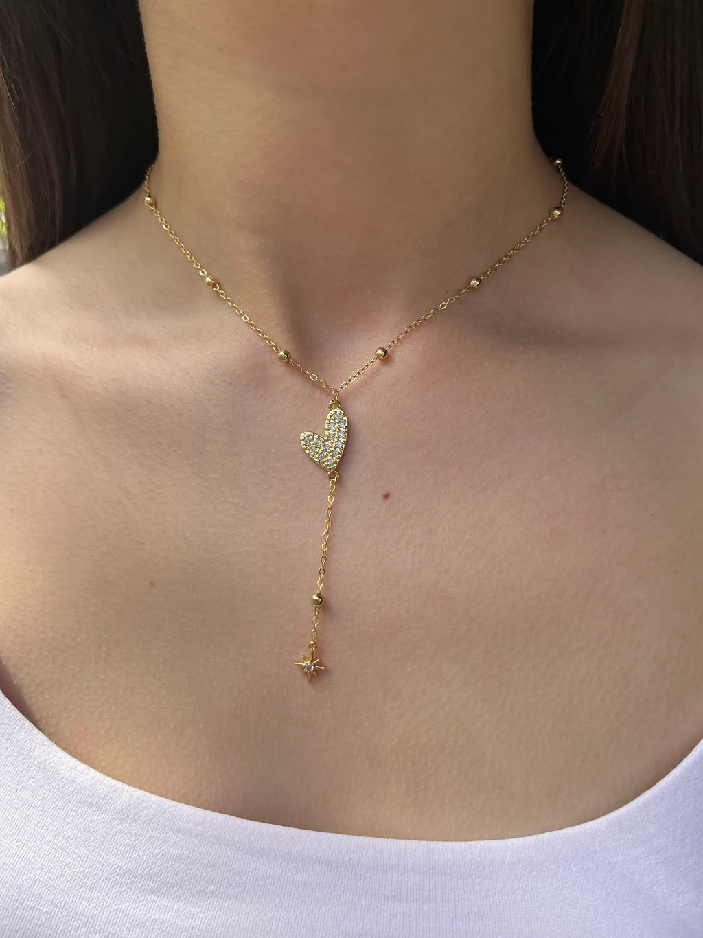 Lariat Y-Necklace, zirconia heart pendant 18k gold plated