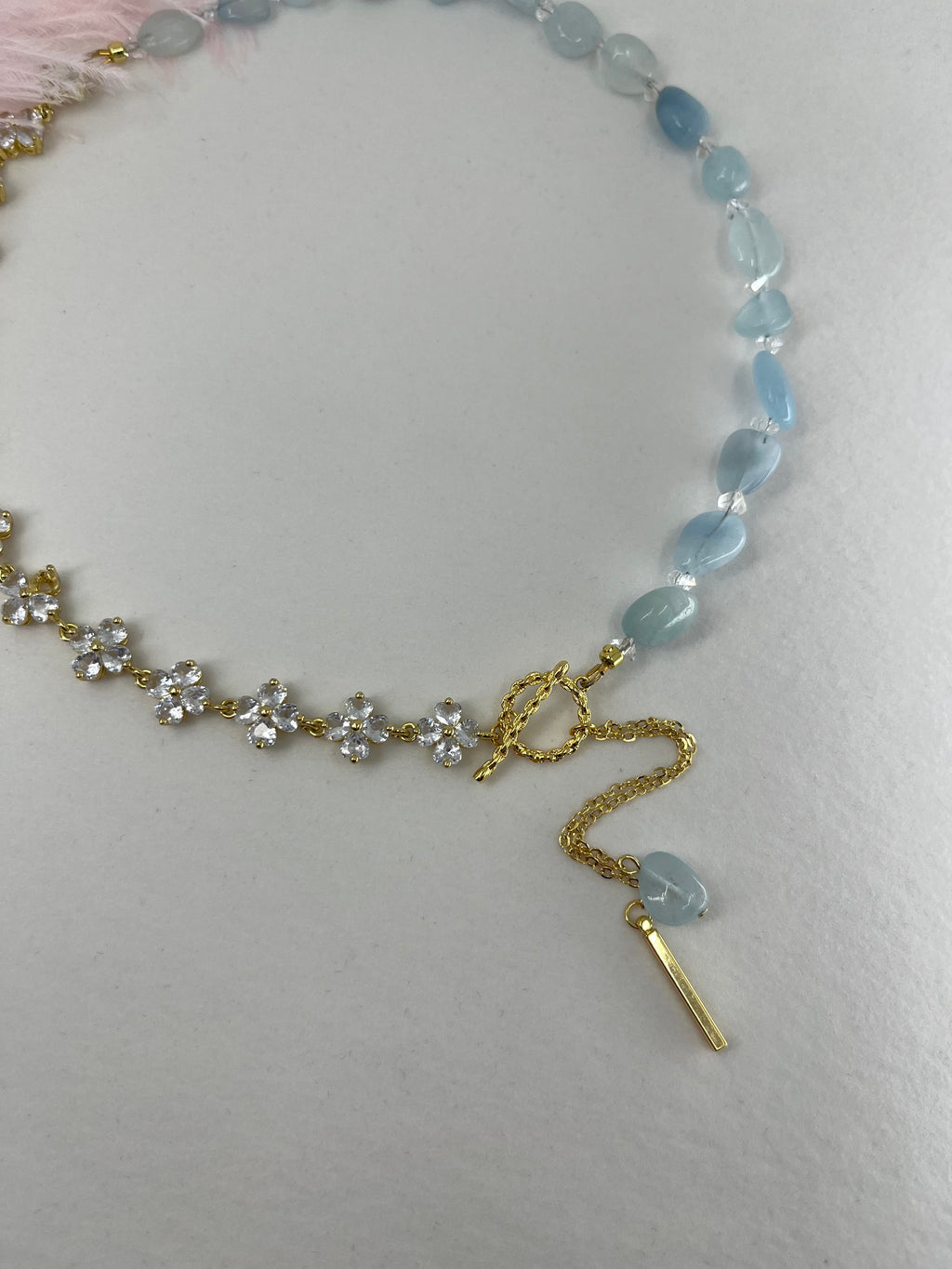 Asymmetrical Aquamarine Y-Necklace, zirconia chain, Bar pendant