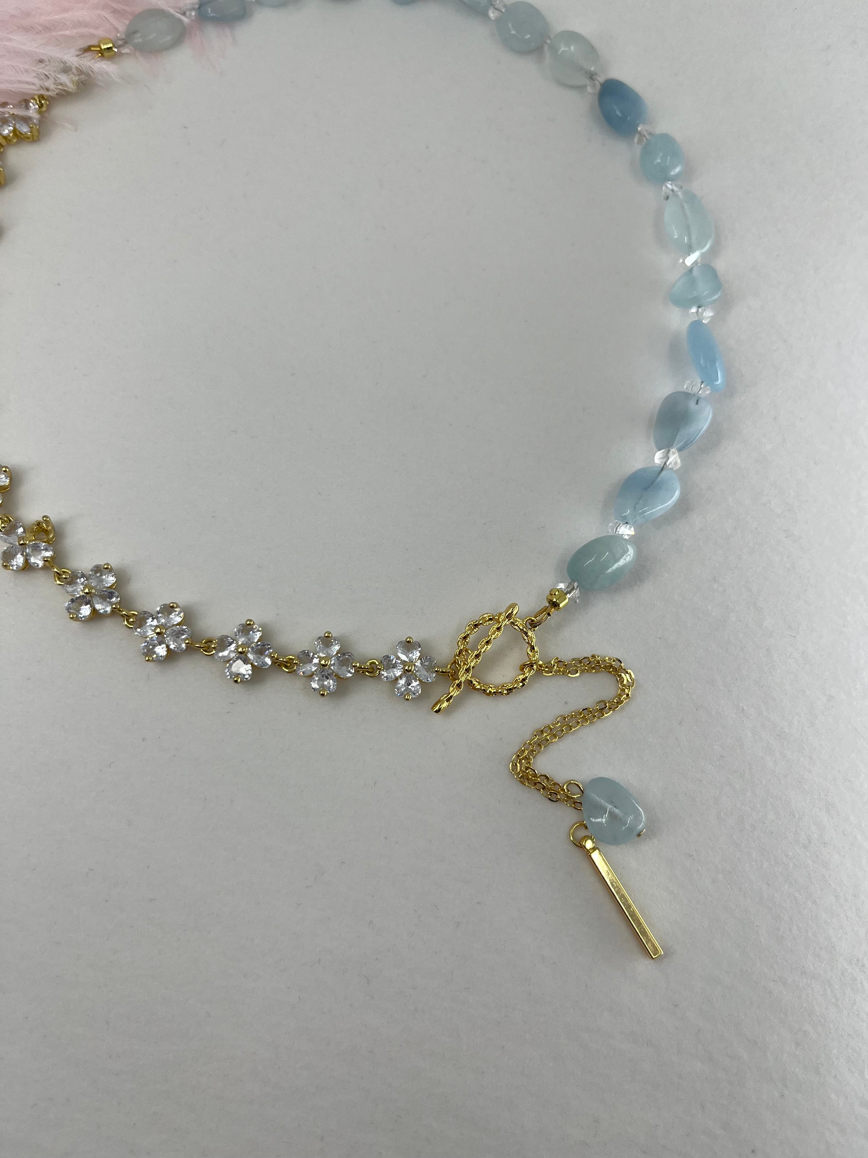 Asymmetrical Aquamarine Y-Necklace, zirconia chain, Bar pendant