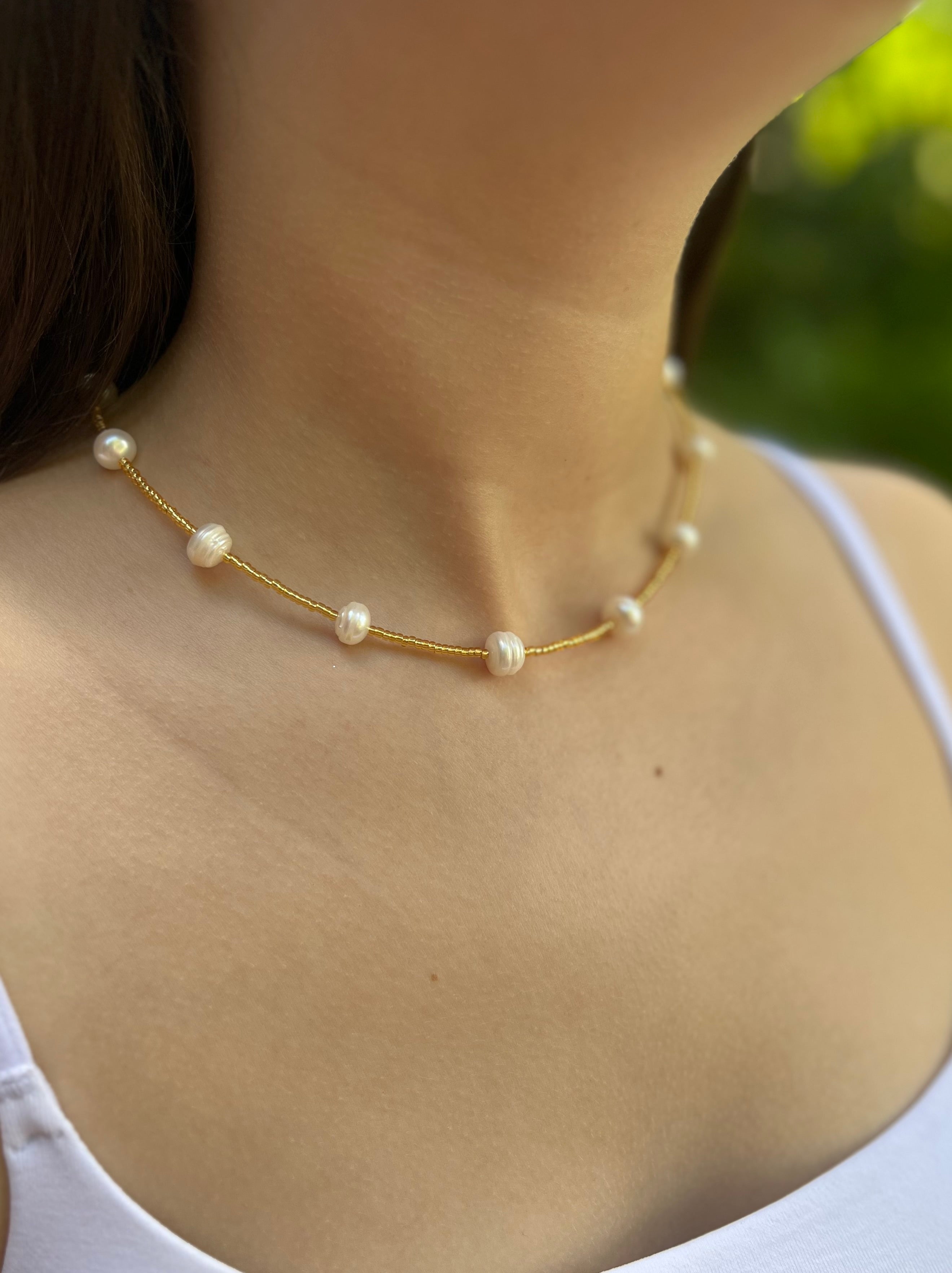 Freshwater Pearl & Miyuki Glass Bead Necklace – 18K Gold Plated Clasp