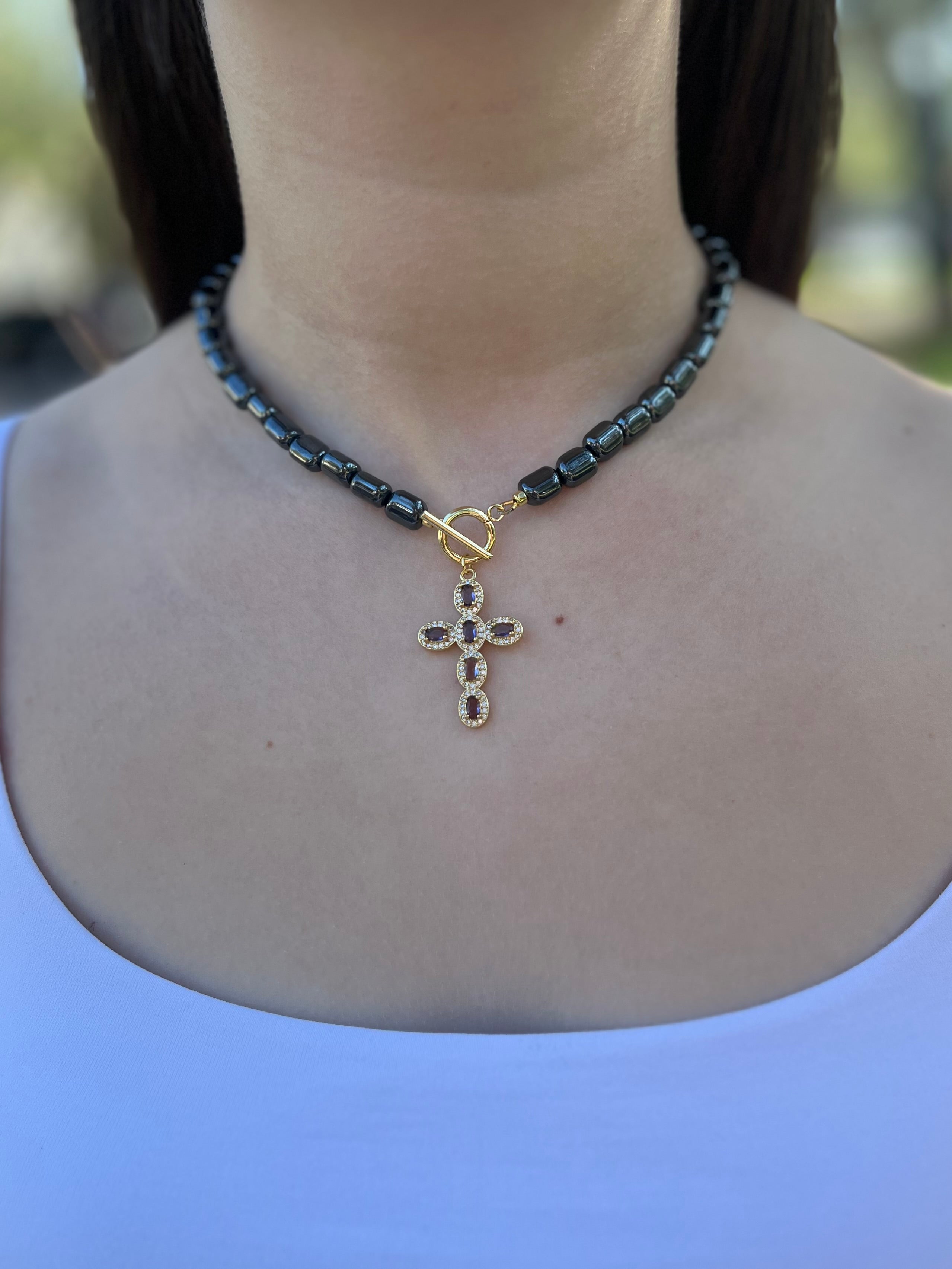 Hematite Choker Necklace with Cross pendant: 18K Gold Plated