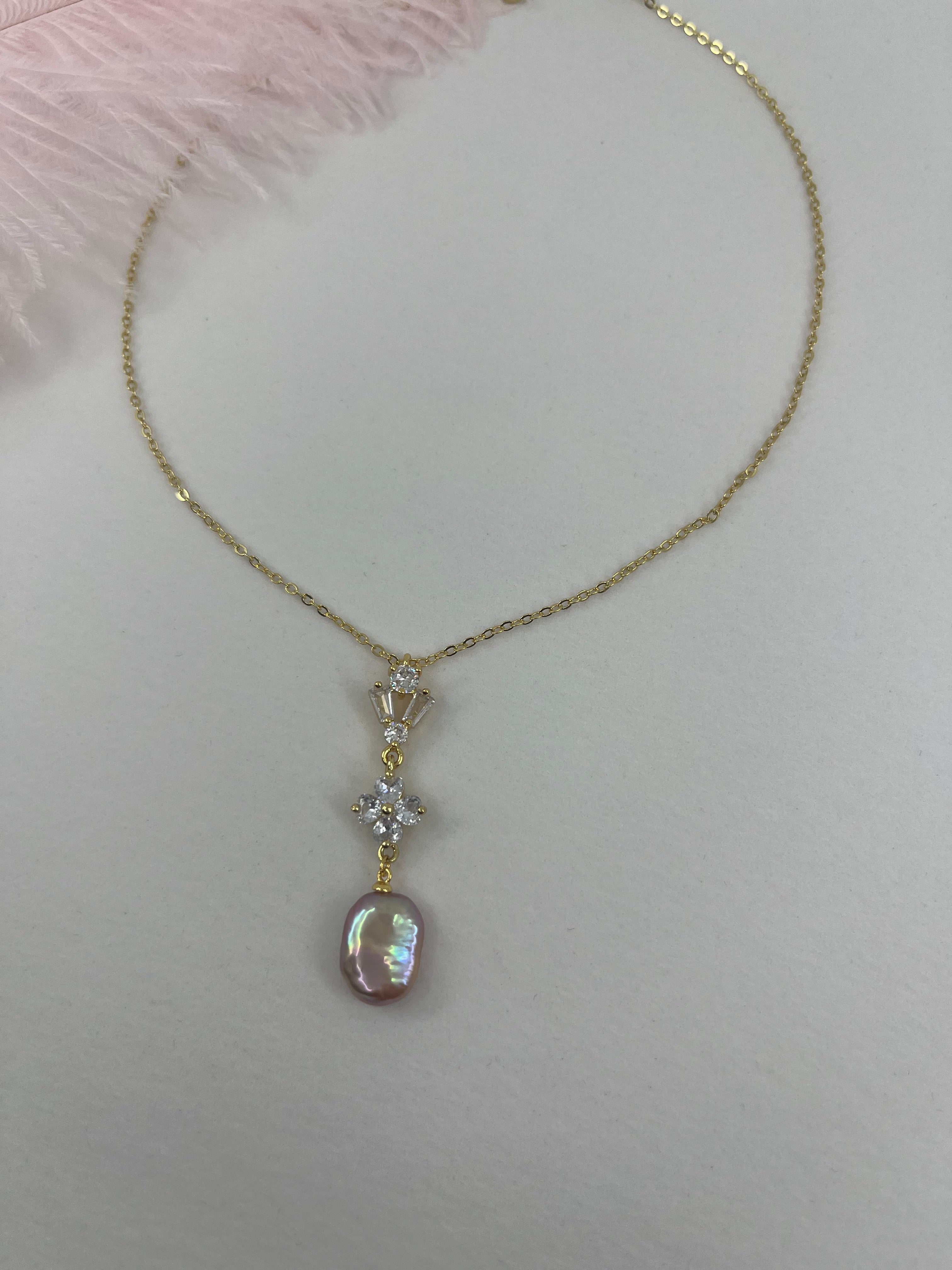 Baroque Pearl and zirconia Y-Necklace, 18k gold plated