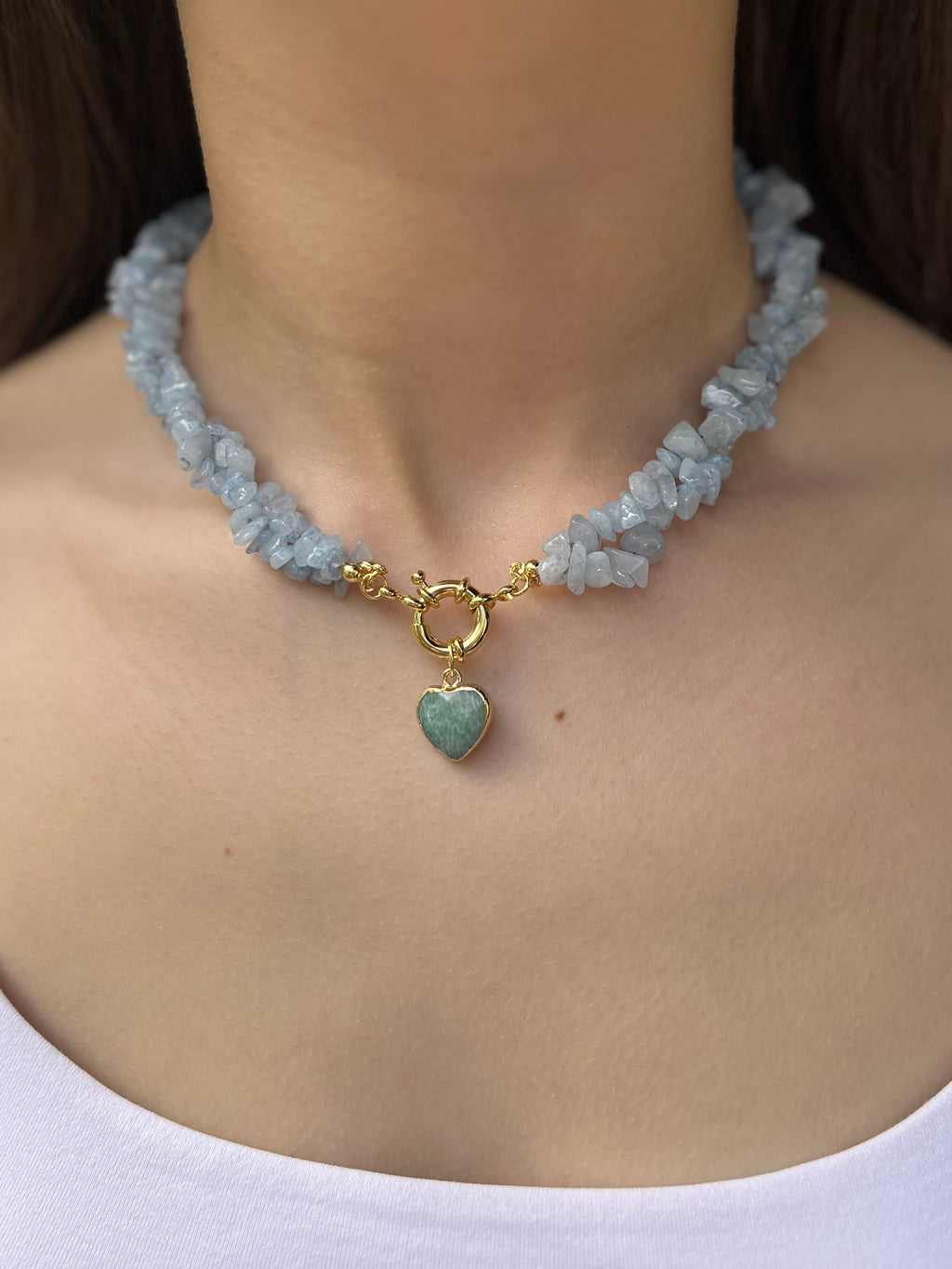 Natural Aquamarine Necklace with Amazonite heart pendant