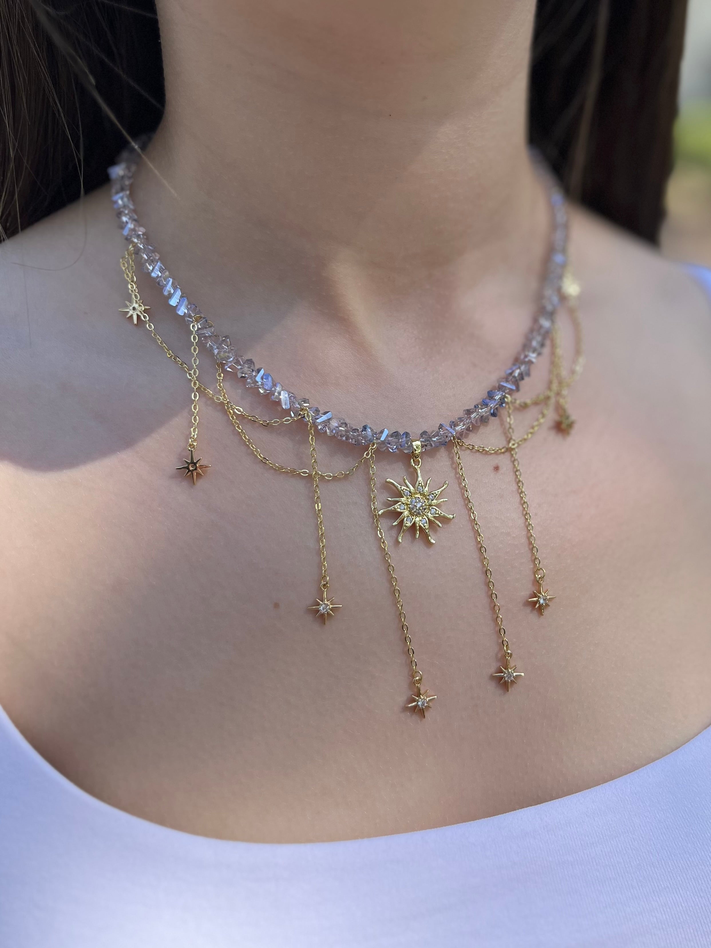 Handmade Crystal Sun & Star Necklace, 18K Gold Plated