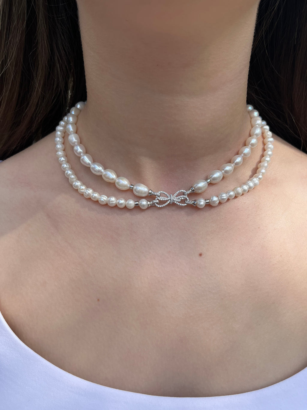 Layered Natural Pearl Necklace with 925 Sterling Silver Bowknot Clasp, Gift Box