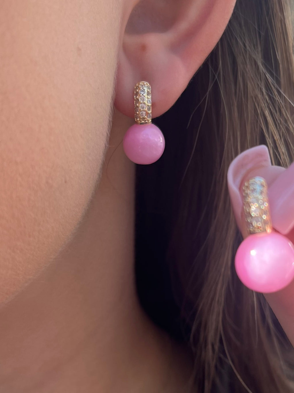 Natural pink Jade Gold Zirconia Earrings