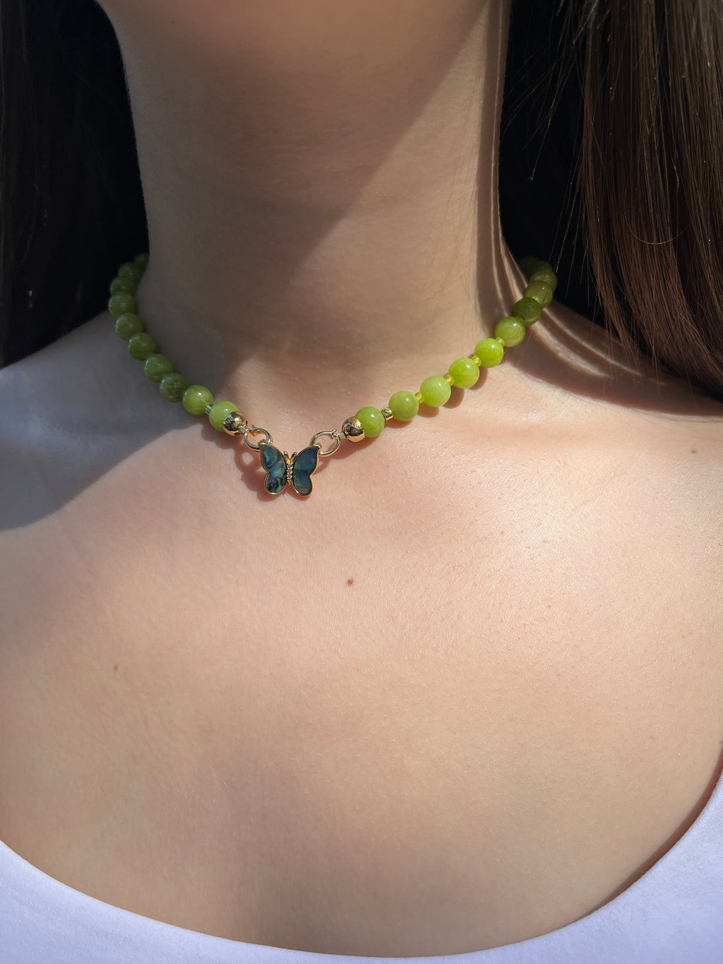 Natural Light Green Jade Necklace with 18K Gold Butterfly Clasp