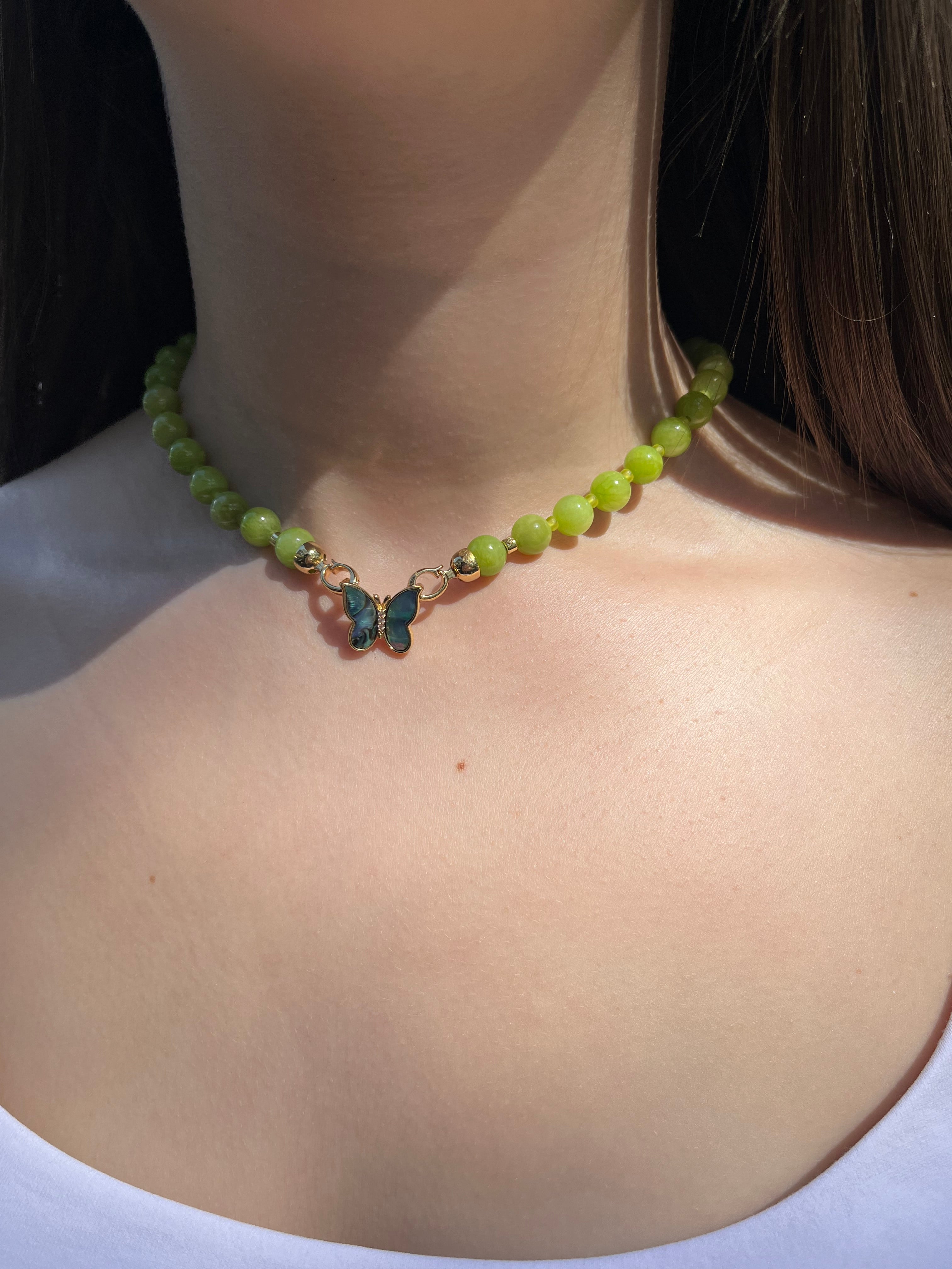 Natural Light Green Jade Necklace with 18K Gold Butterfly Clasp