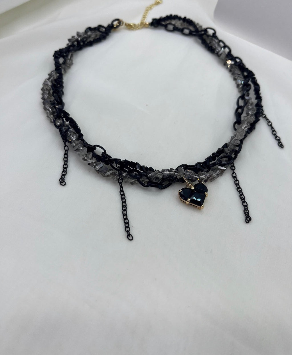 Layered Heart Black Crystal Necklace – 18K Gold Plated
