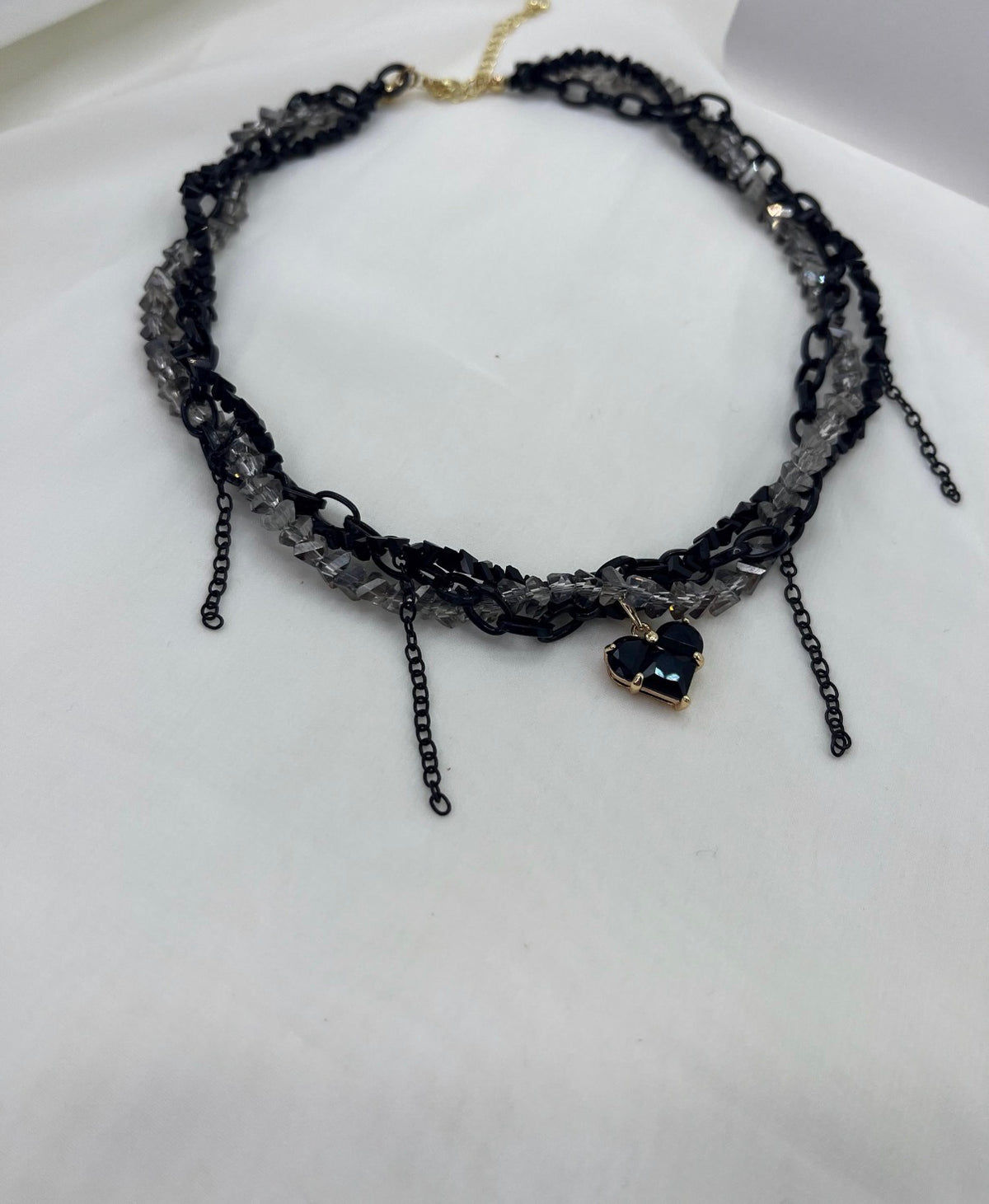 Layered Heart Black Crystal Necklace – 18K Gold Plated