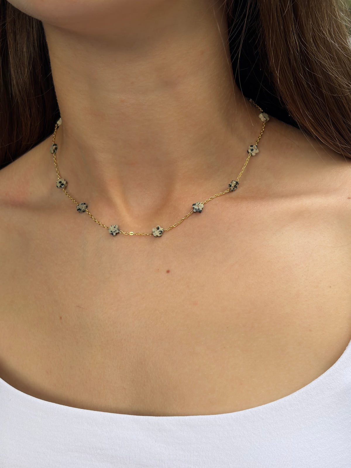 Dalmatian jasper flower Earrings and Necklace, 18K Gold Plated