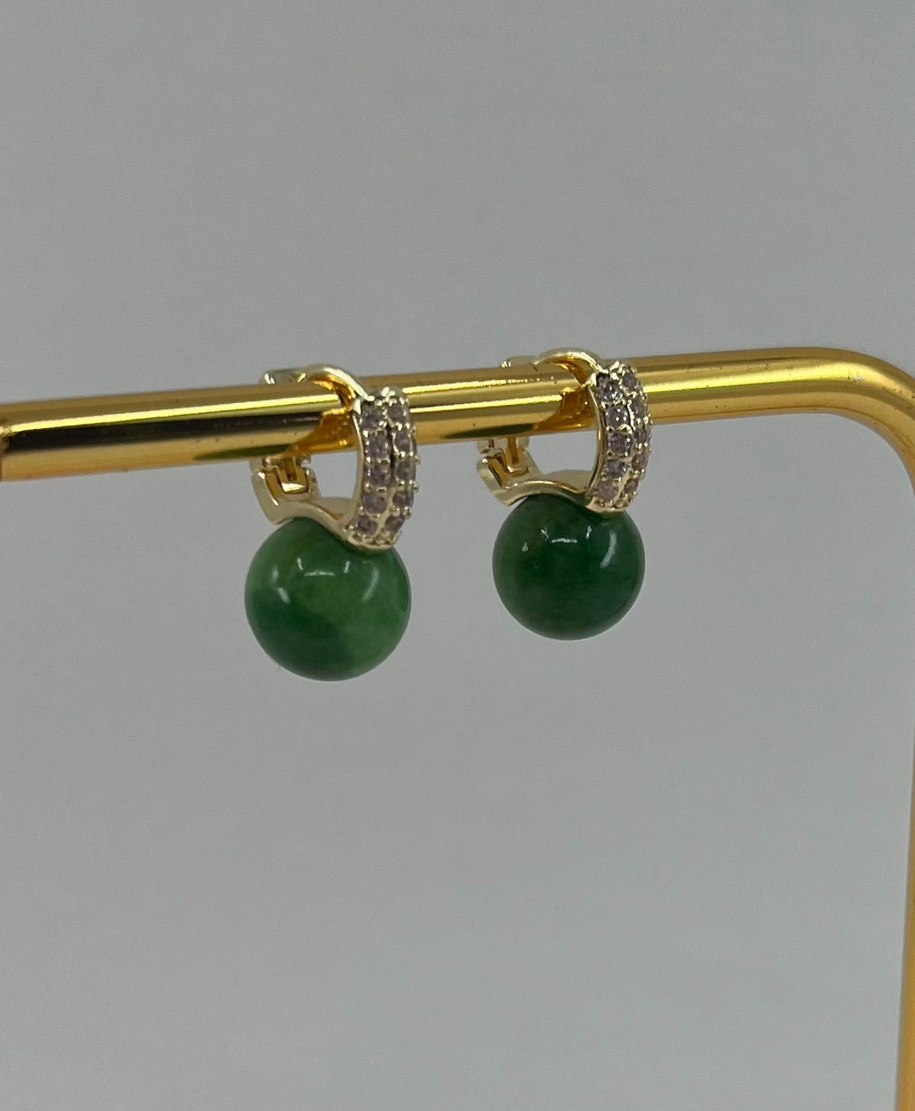 Natural Green Jade Gold Zirconia Earrings