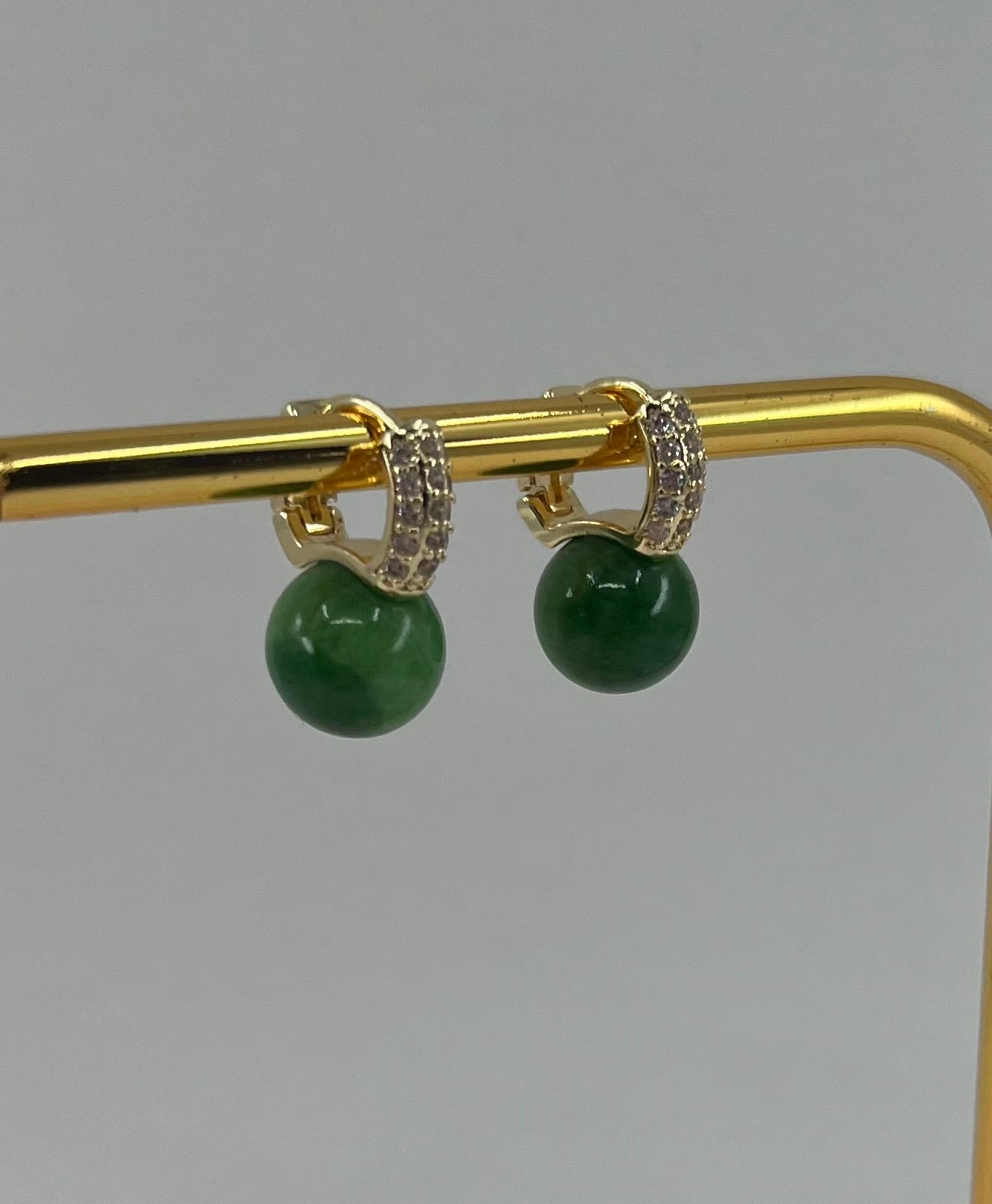 Natural Green Jade Gold Zirconia Earrings