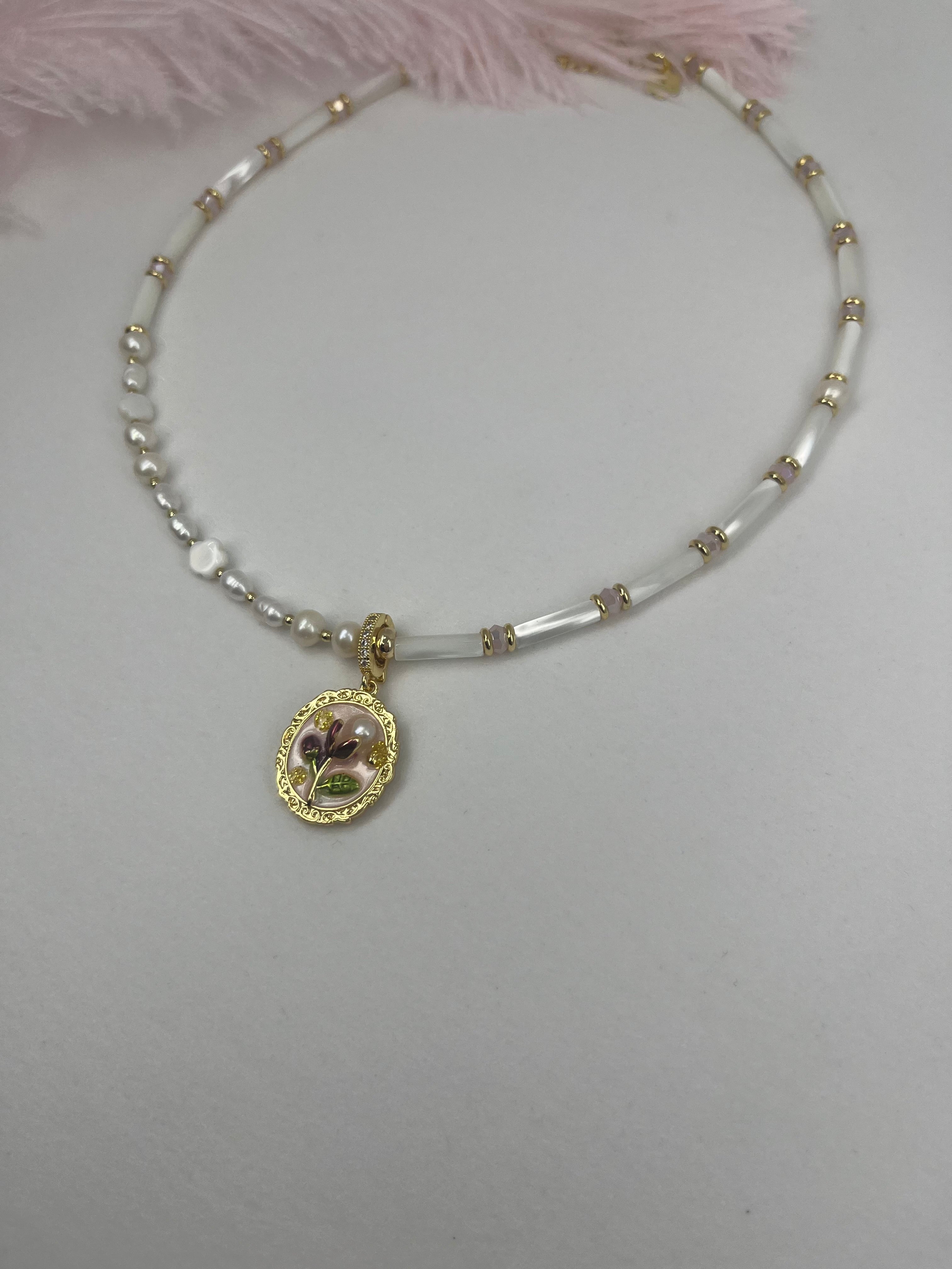 Natural Pearl and Trochus Shell Pendant Necklace, 18K Gold-Plated