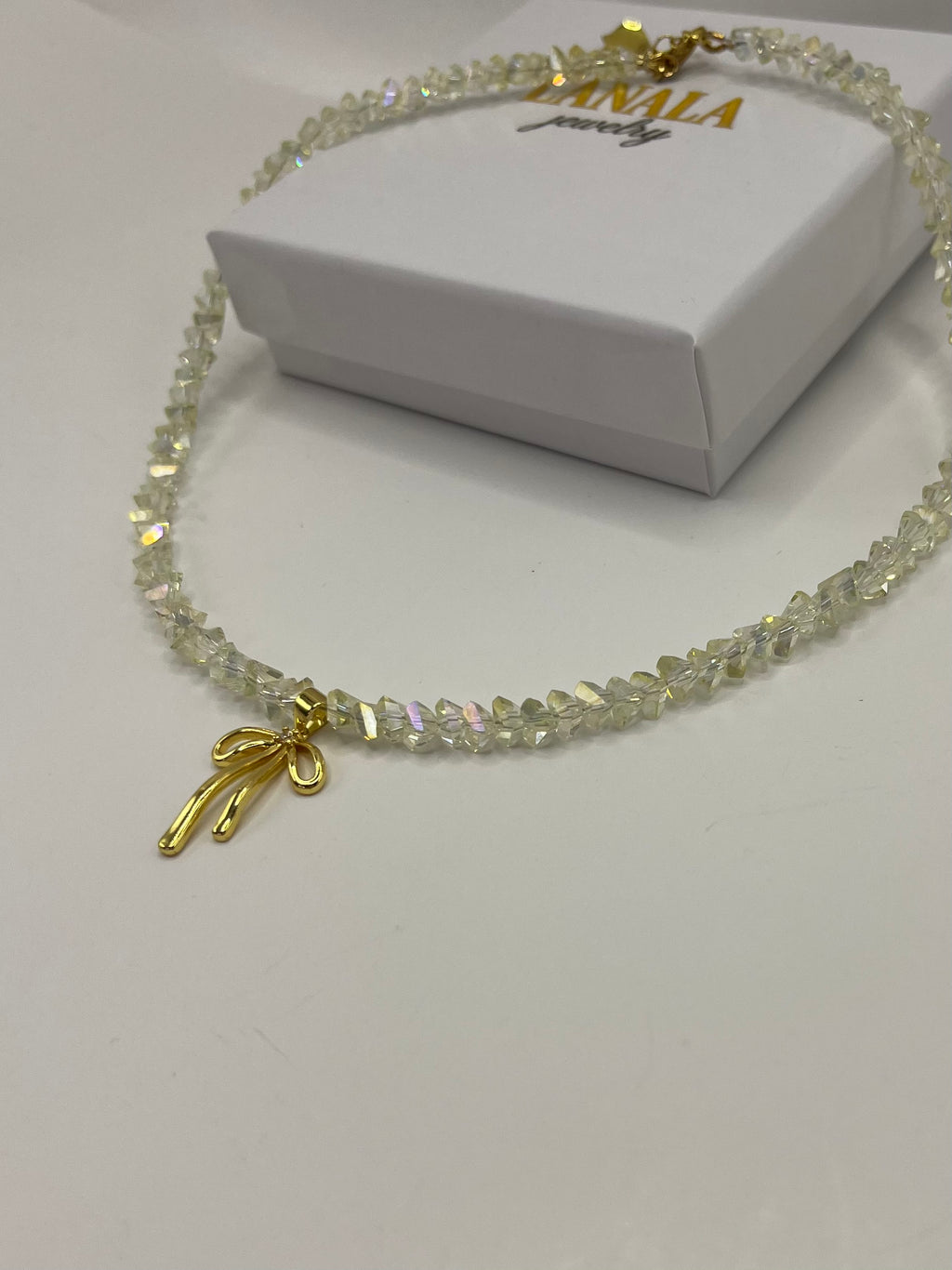 Crystal Glass Bead Choker: 18K Gold Bowknot Pendant