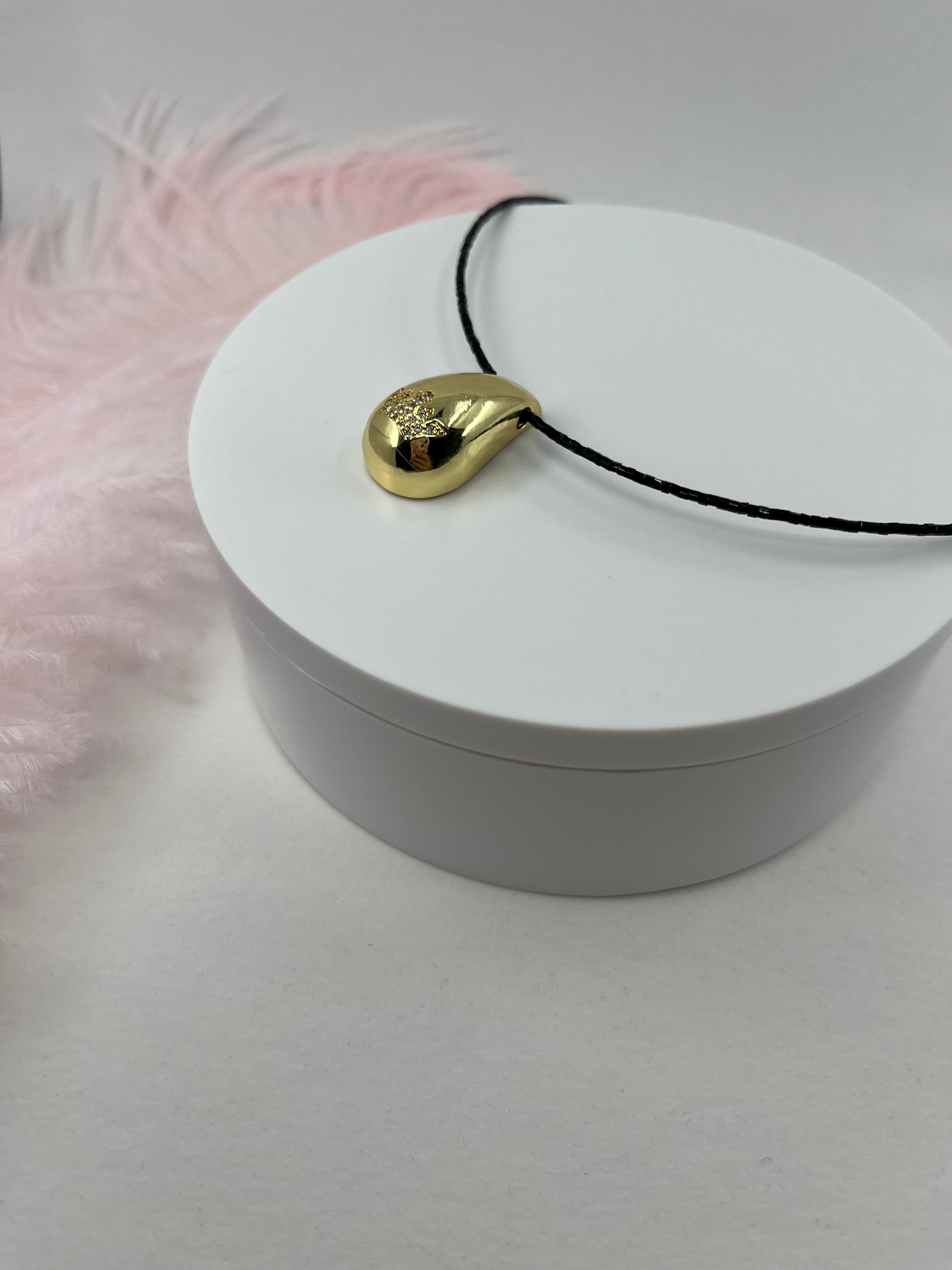 Black beaded choker with gold teardrop crown pendants: 18K Gold Plated