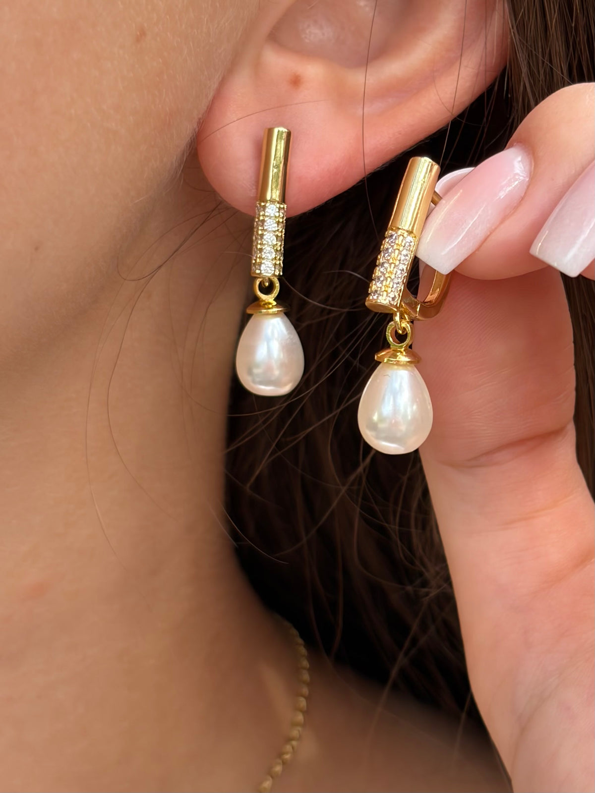 Pearl Drop Zirconia Earrings, 18K gold plated