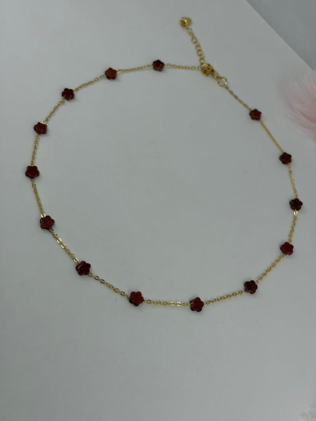 Red Sandstone Flower Necklace: 18K Gold Plated