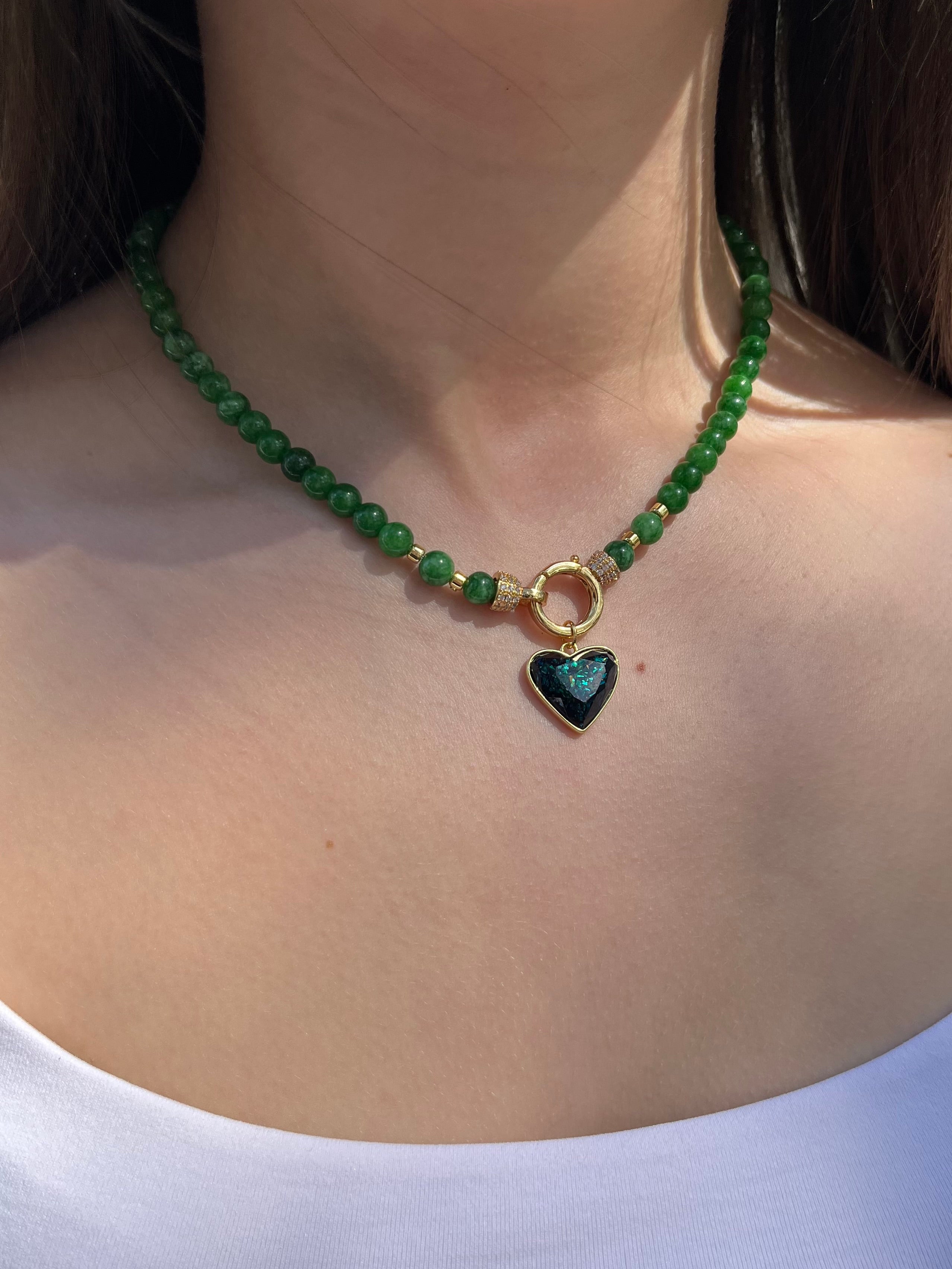 Natural Green Jade Necklace with Heart Pendant