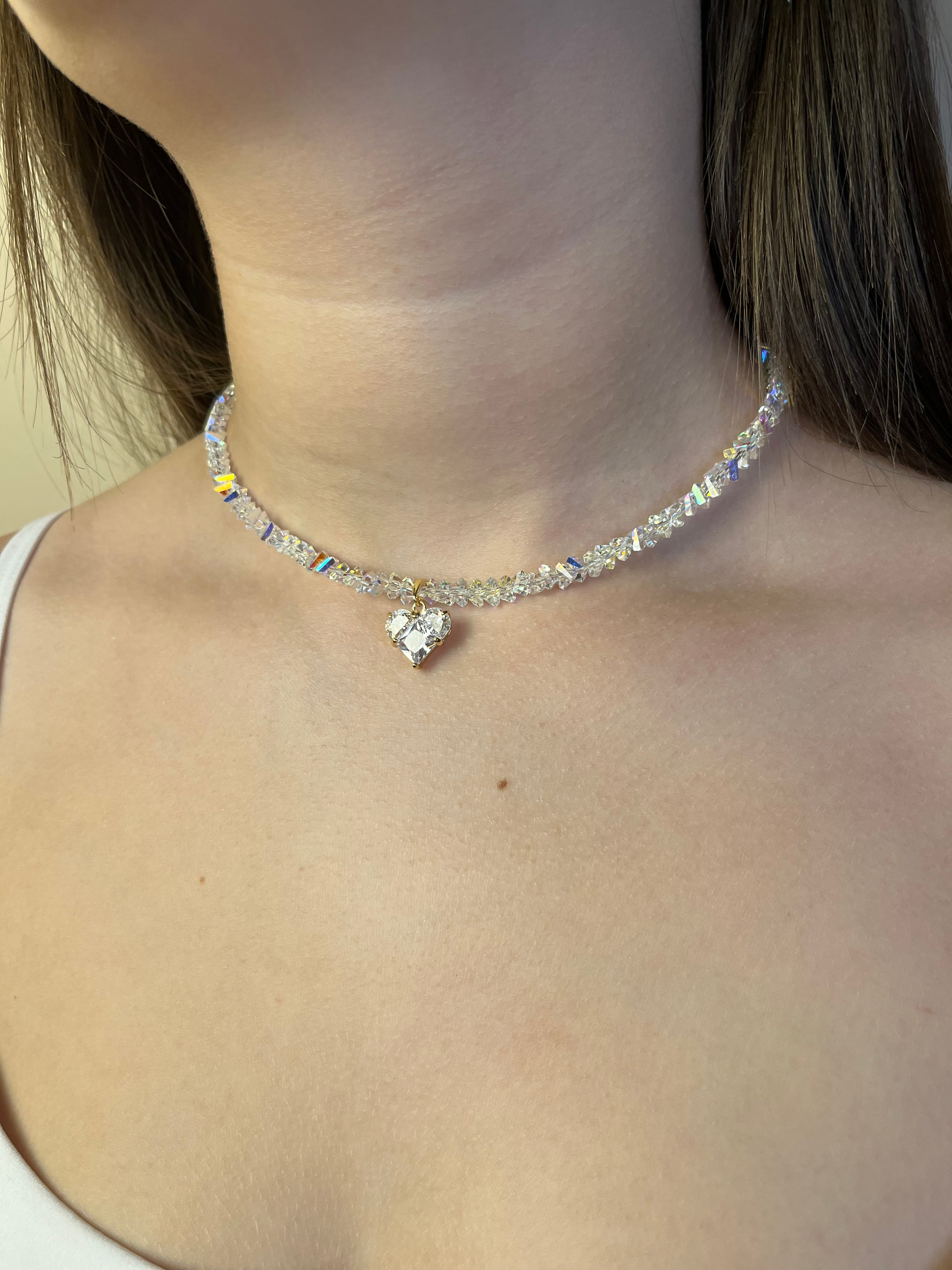 Set: Heart Crystal Choker Necklace and Earrings – 18K Gold Plated, Cubic Zirconia, Nickel Free