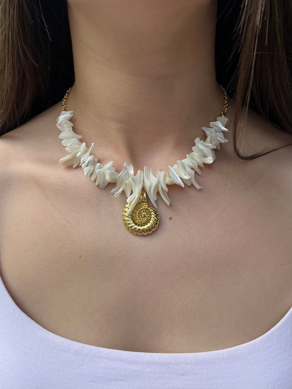 Natural Trochid Shell Necklace with Conch Charm, 18K Gold Plated