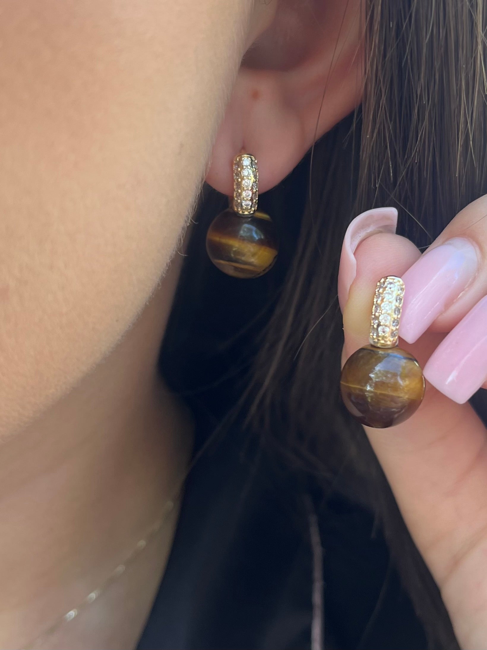 Natural Tiger eye Gold Zirconia Earrings