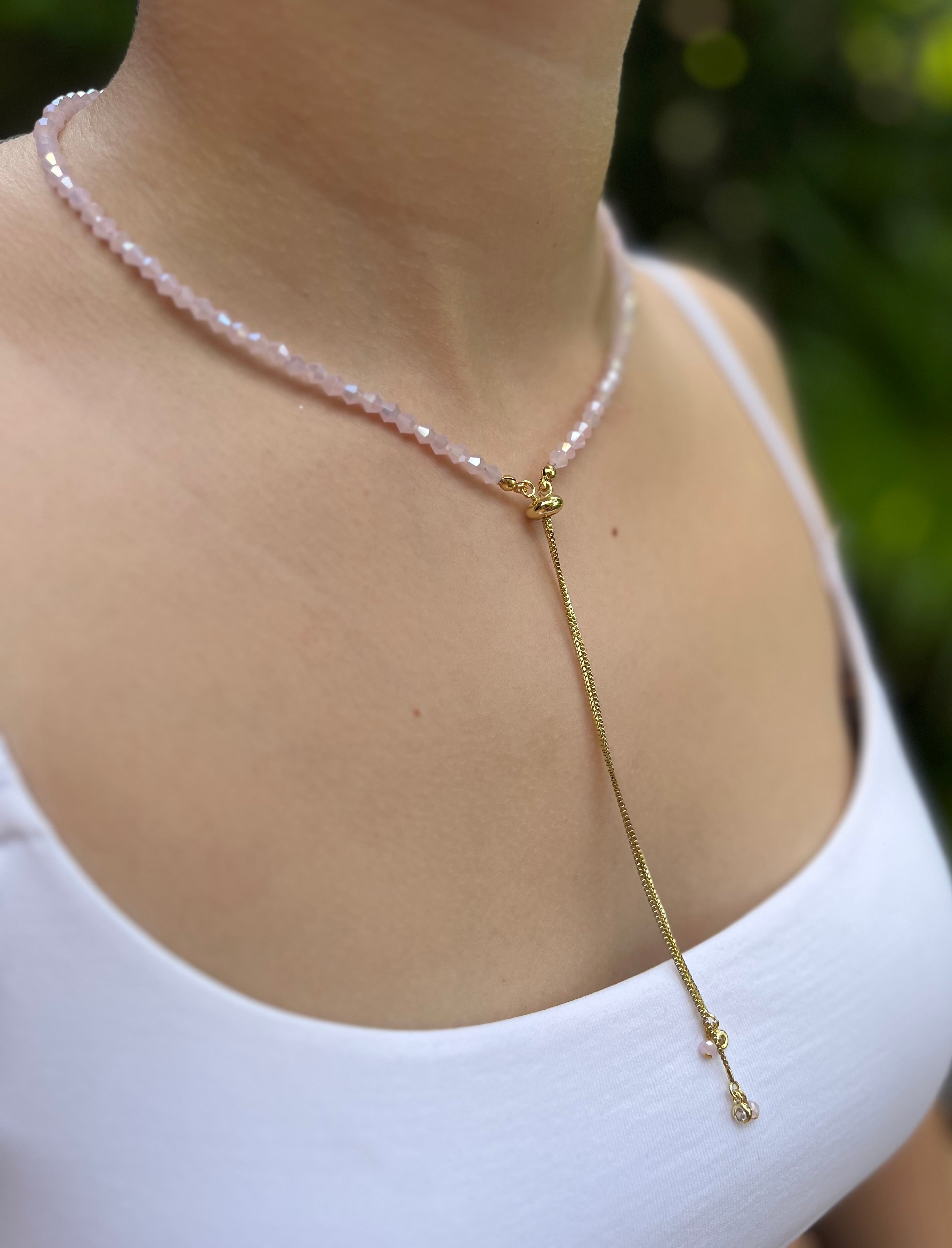 Set Pink Beaded Choker Necklace with Earrings – 18K Gold Plated