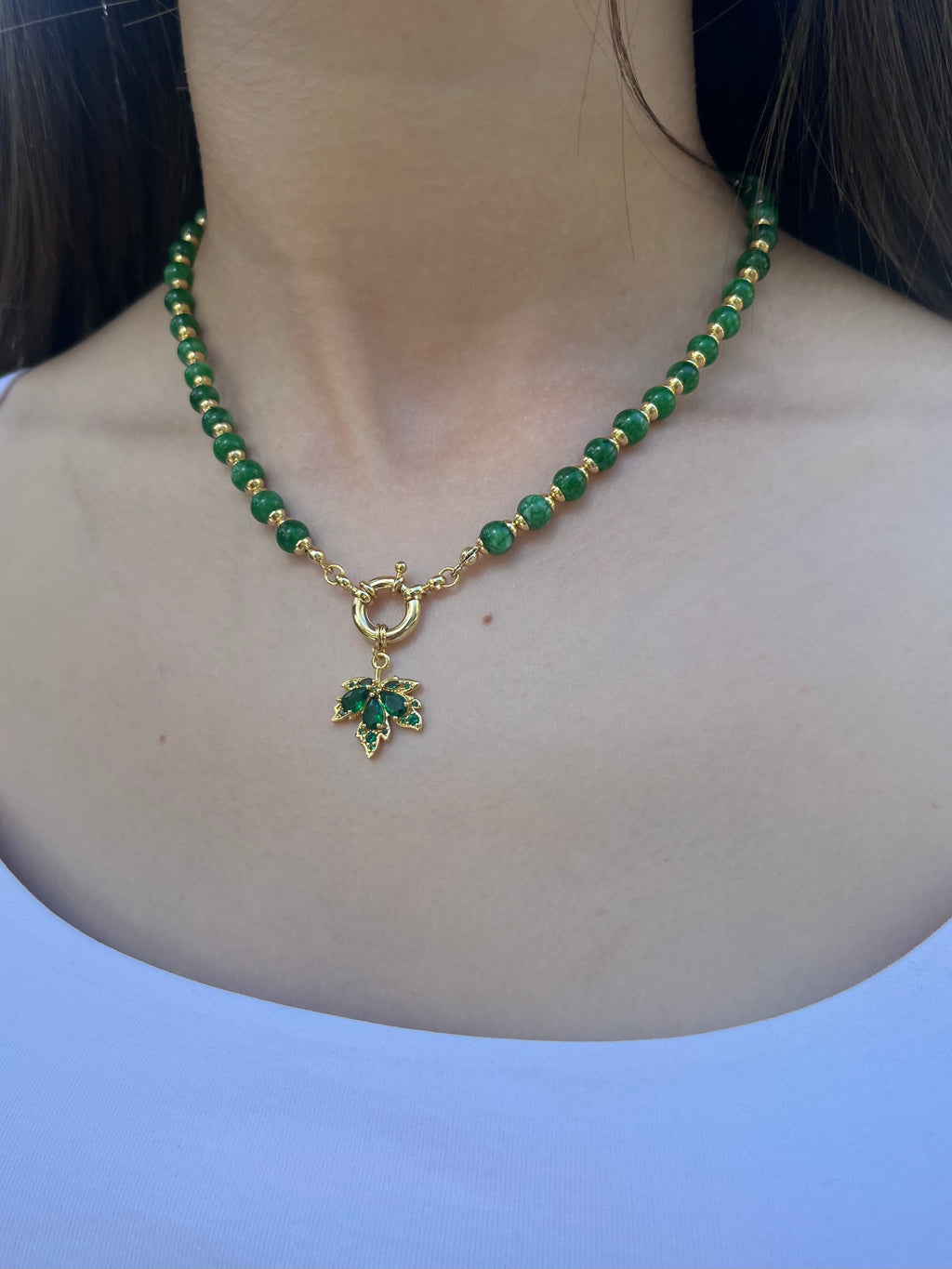 Natural Malaysia Jade Necklace with 18K Gold maple leaf pendant