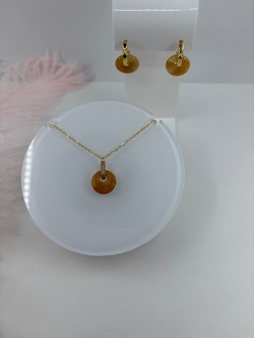 Yellow Jade Donut Earrings and Necklace, 18K Gold Plated