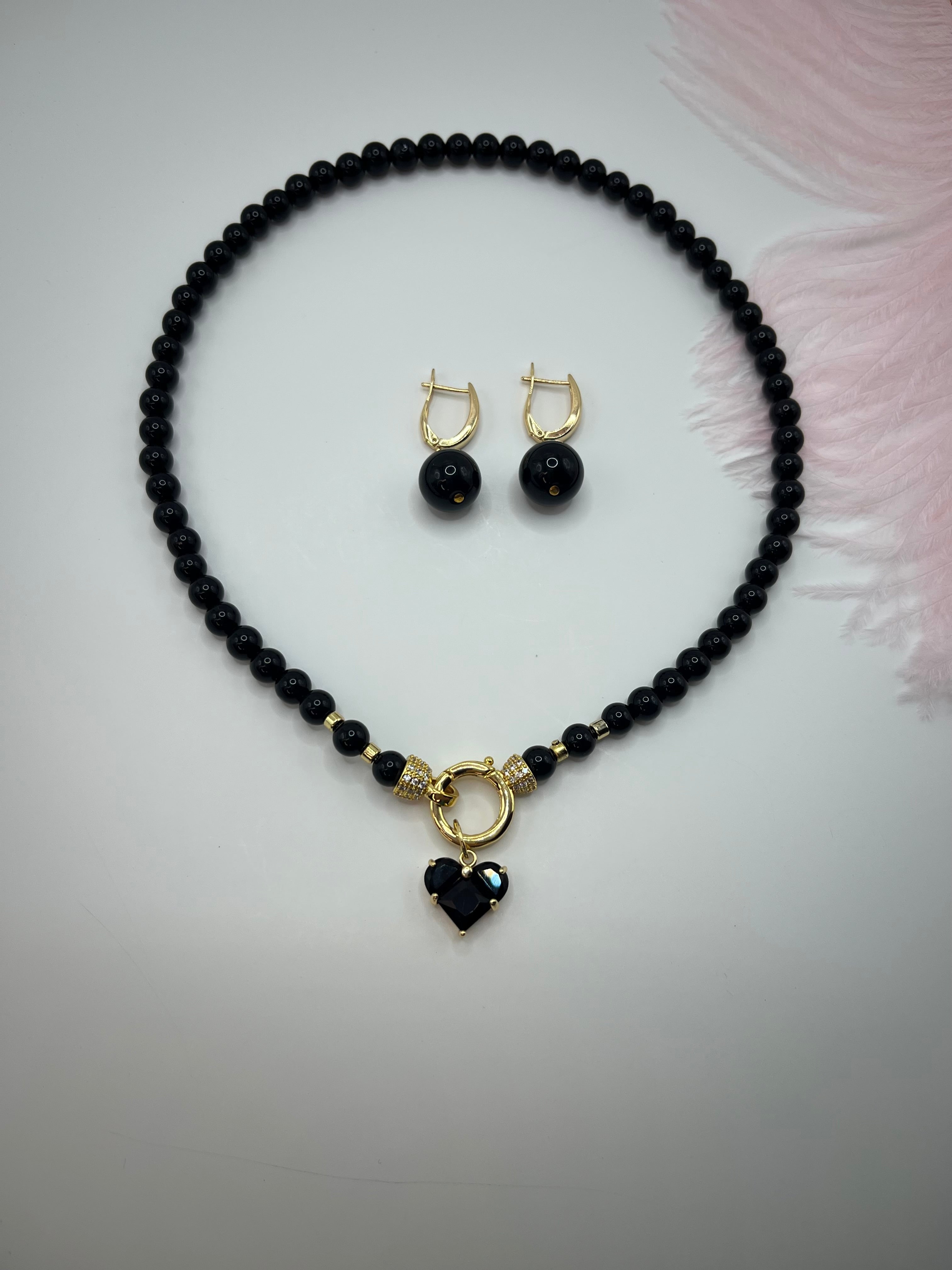 Black Onyx Necklace and Earrings Set – 18K Gold Plated Heart Charm