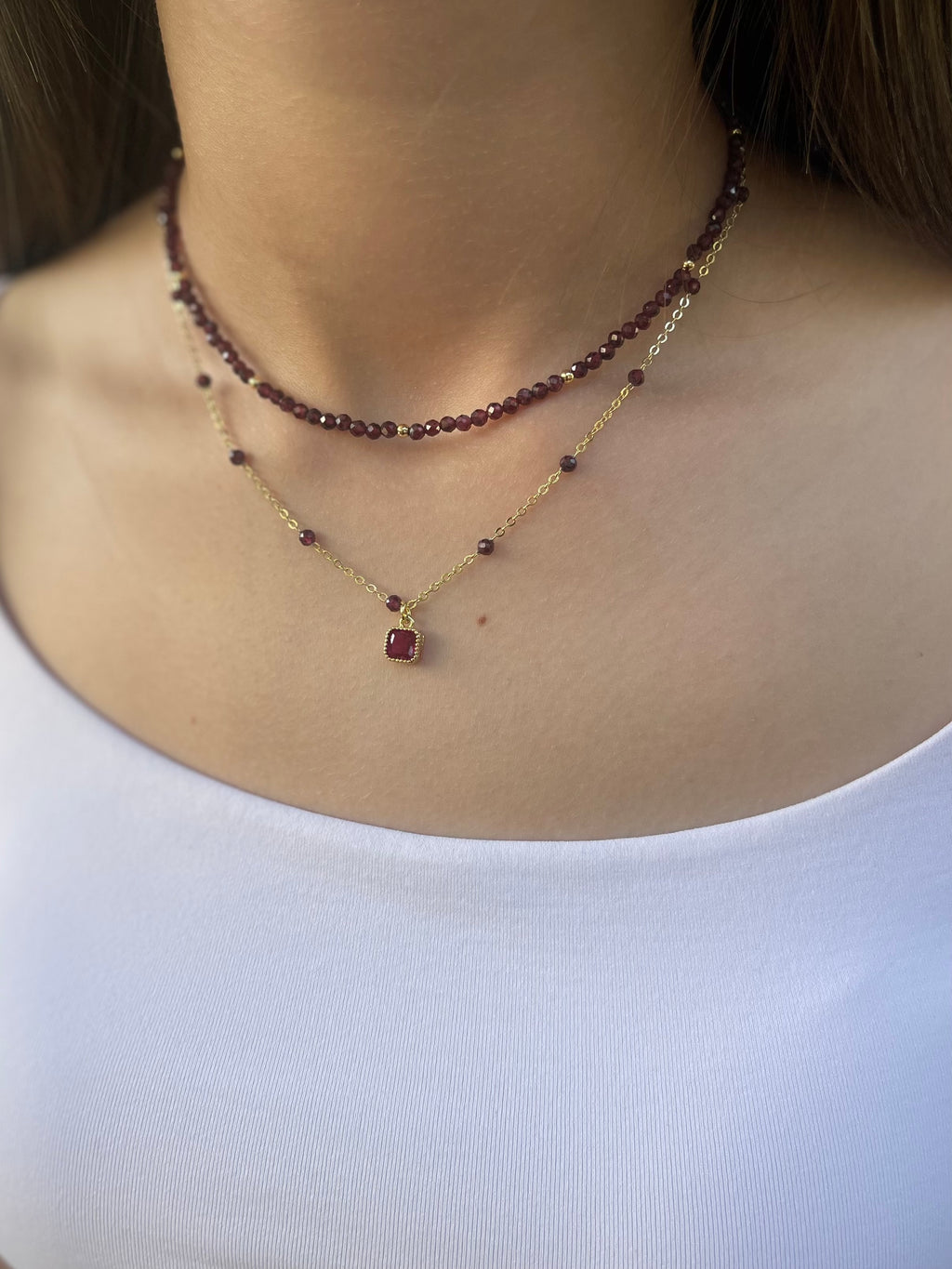Layered Garnet necklace , 18K gold clasp