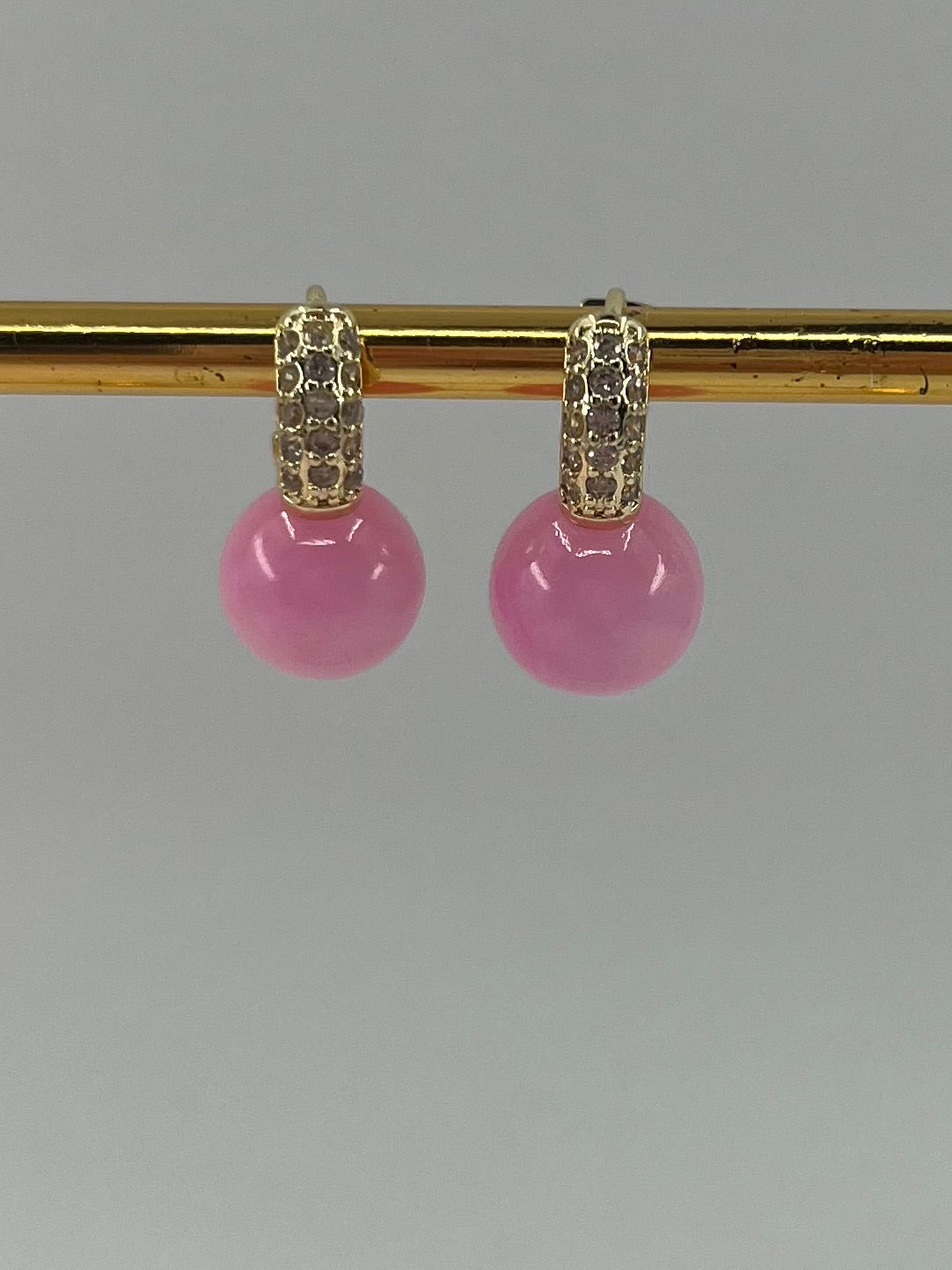 Natural pink Jade Gold Zirconia Earrings