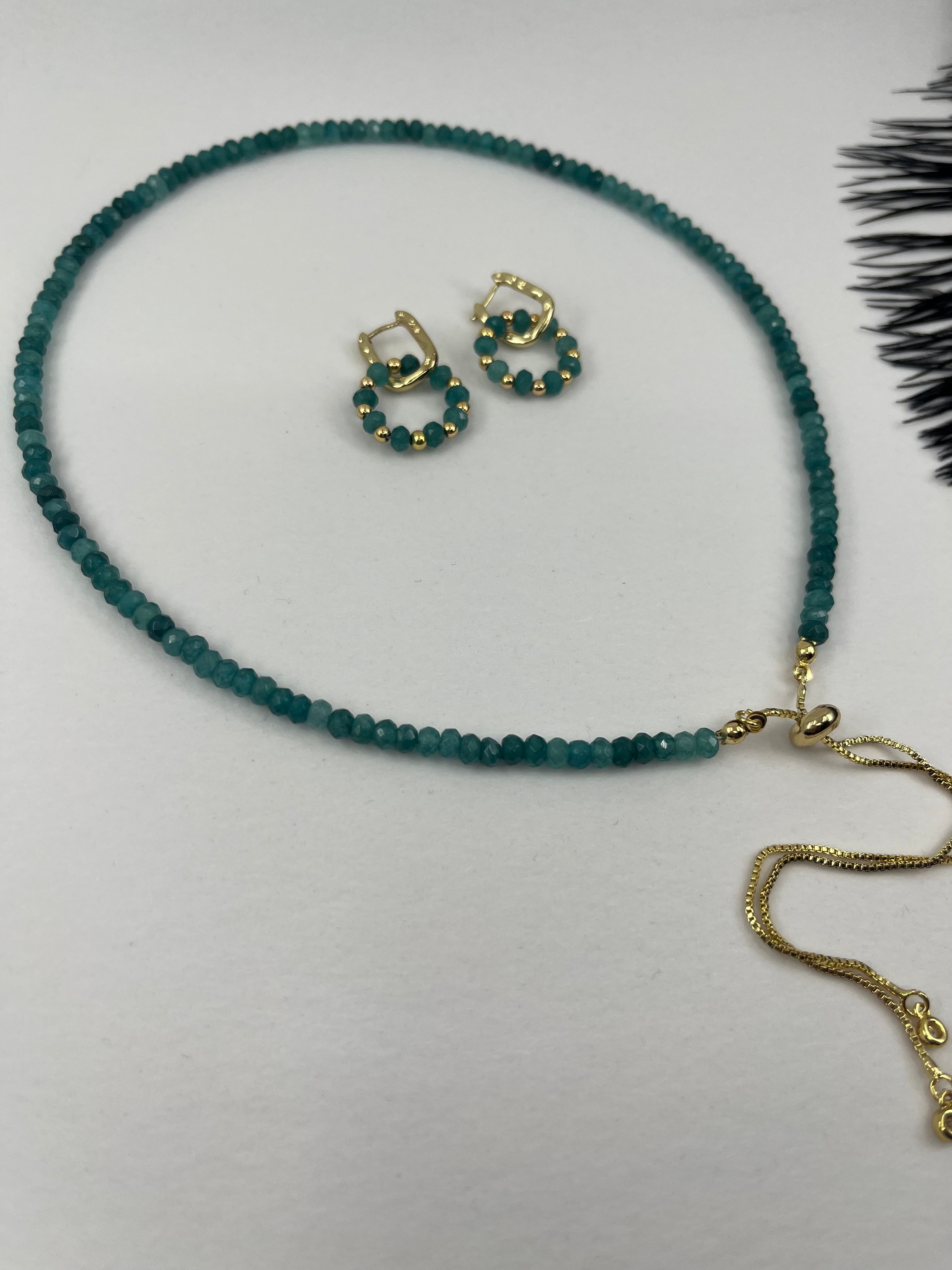 Set: Natural Malaysia Jade Y-Necklace & Earrings, Dark Cyan