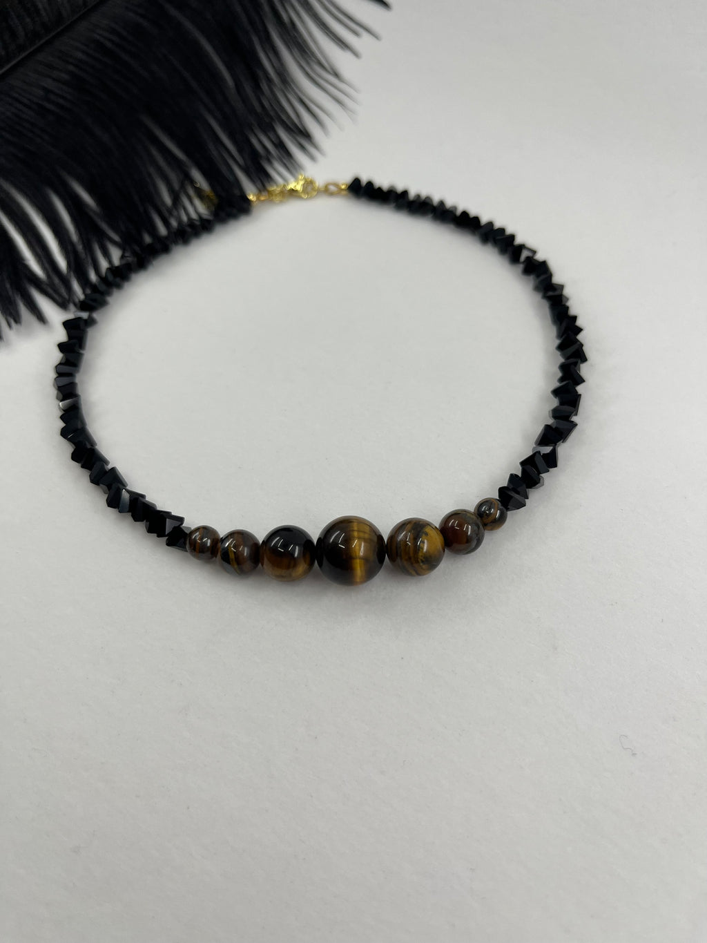Set: Black Crystal Choker Necklace with Tiger Eye and earrings