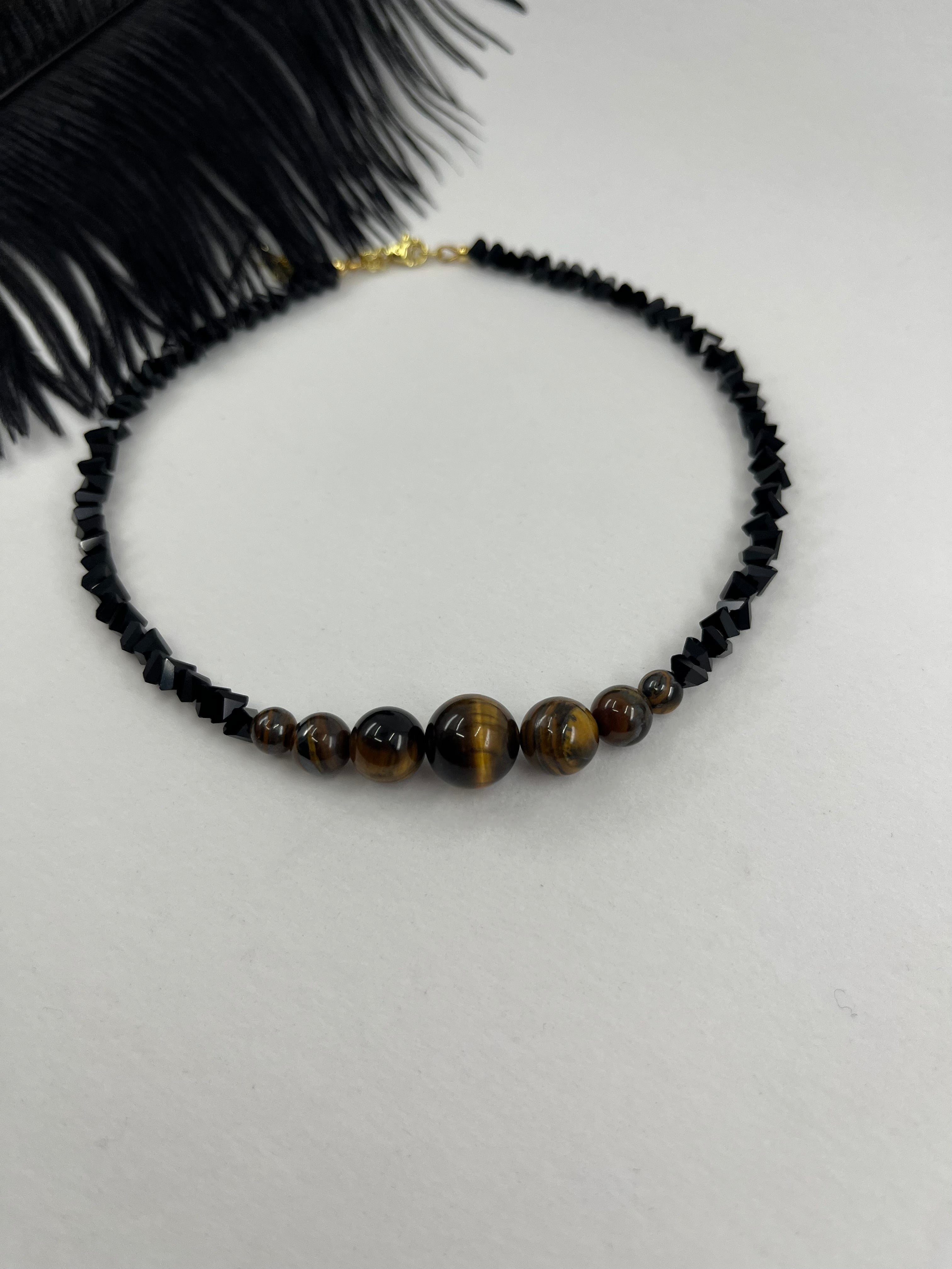 Set: Black Crystal Choker Necklace with Tiger Eye and earrings