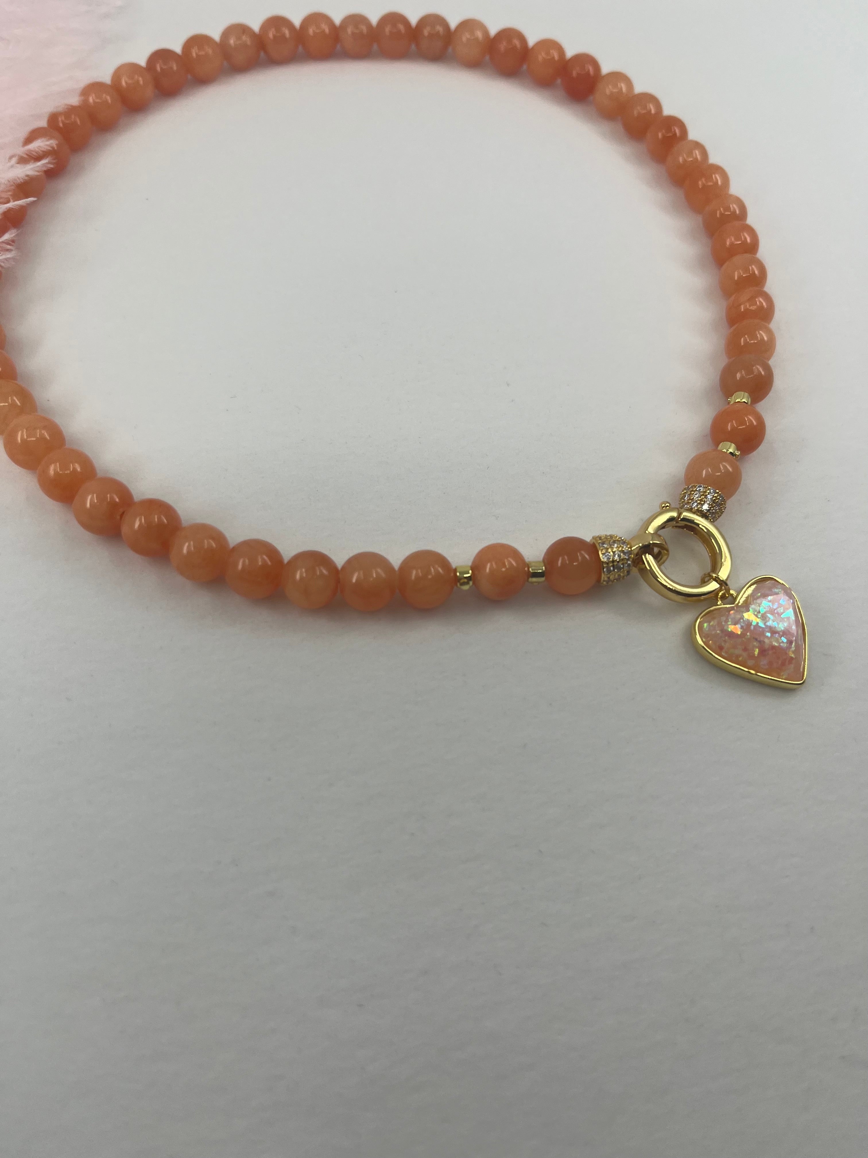 Natural Coral Jade Necklace with Heart Pendant