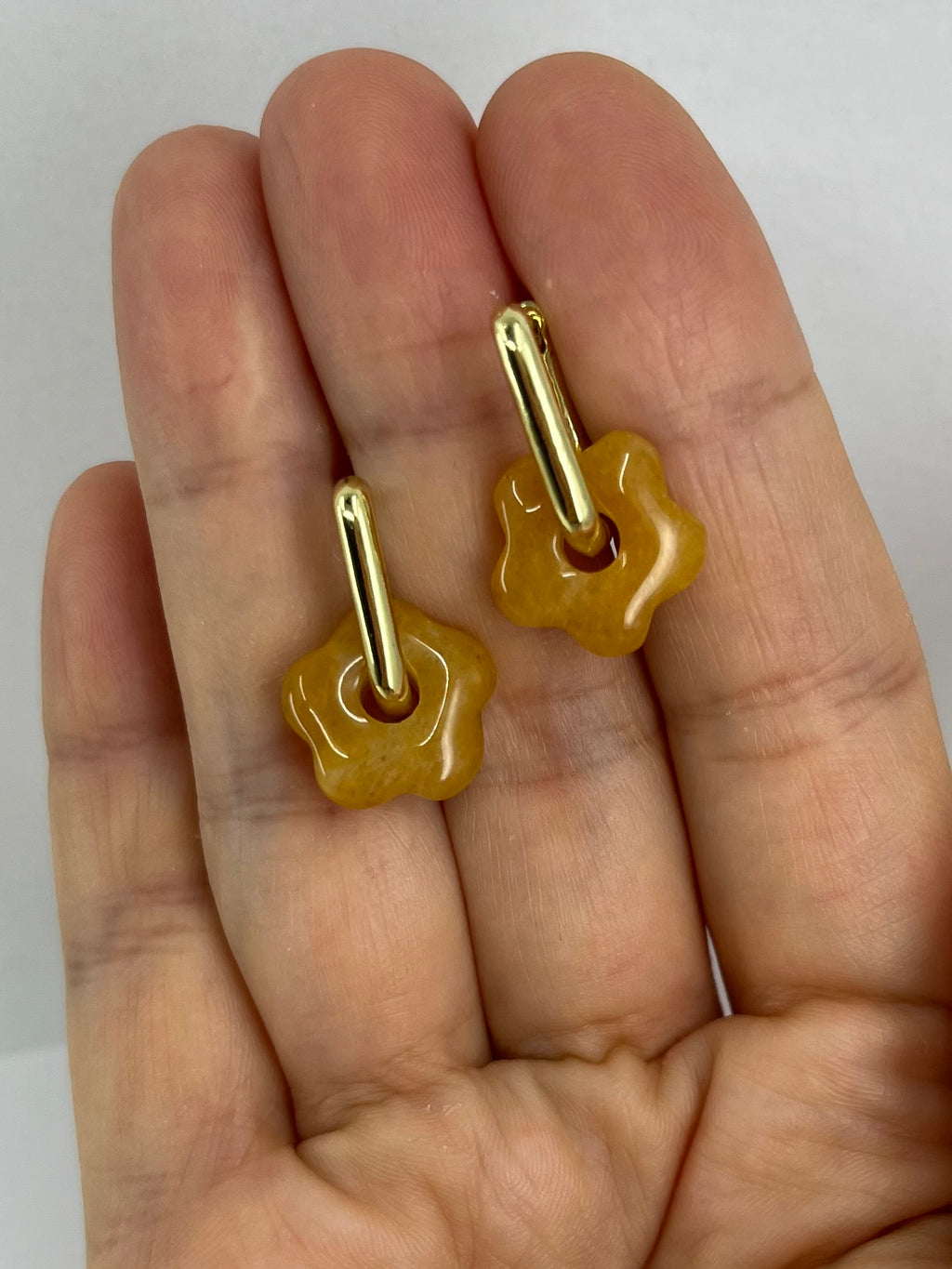 Yellow Jade flower Earrings, 18K Gold Plated